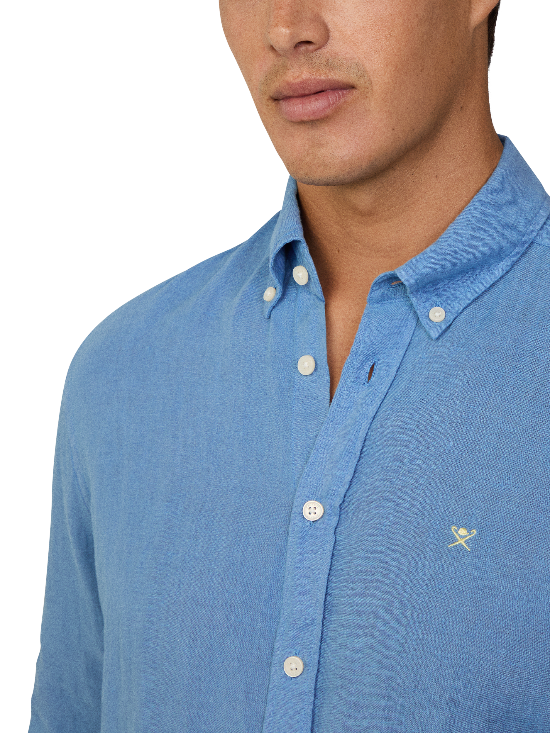 Product image 4 of 7, which shows Hackett London Linen Tailored Fit Contrast Logo Shirt, Sea Blue, XS