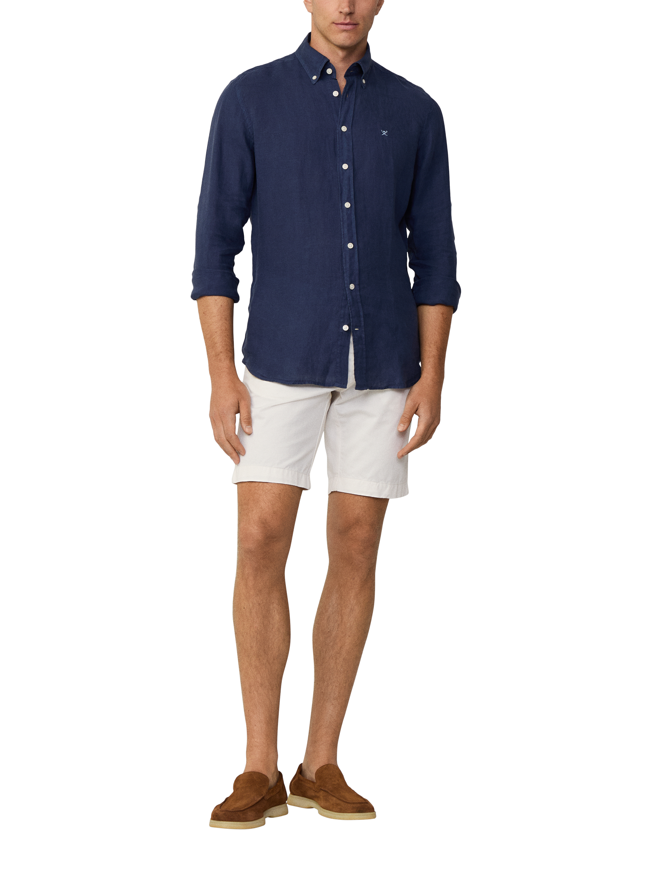Product image 1 of 7, which shows Hackett London Linen Tailored Fit Contrast Logo Shirt, Ink Blue, XS