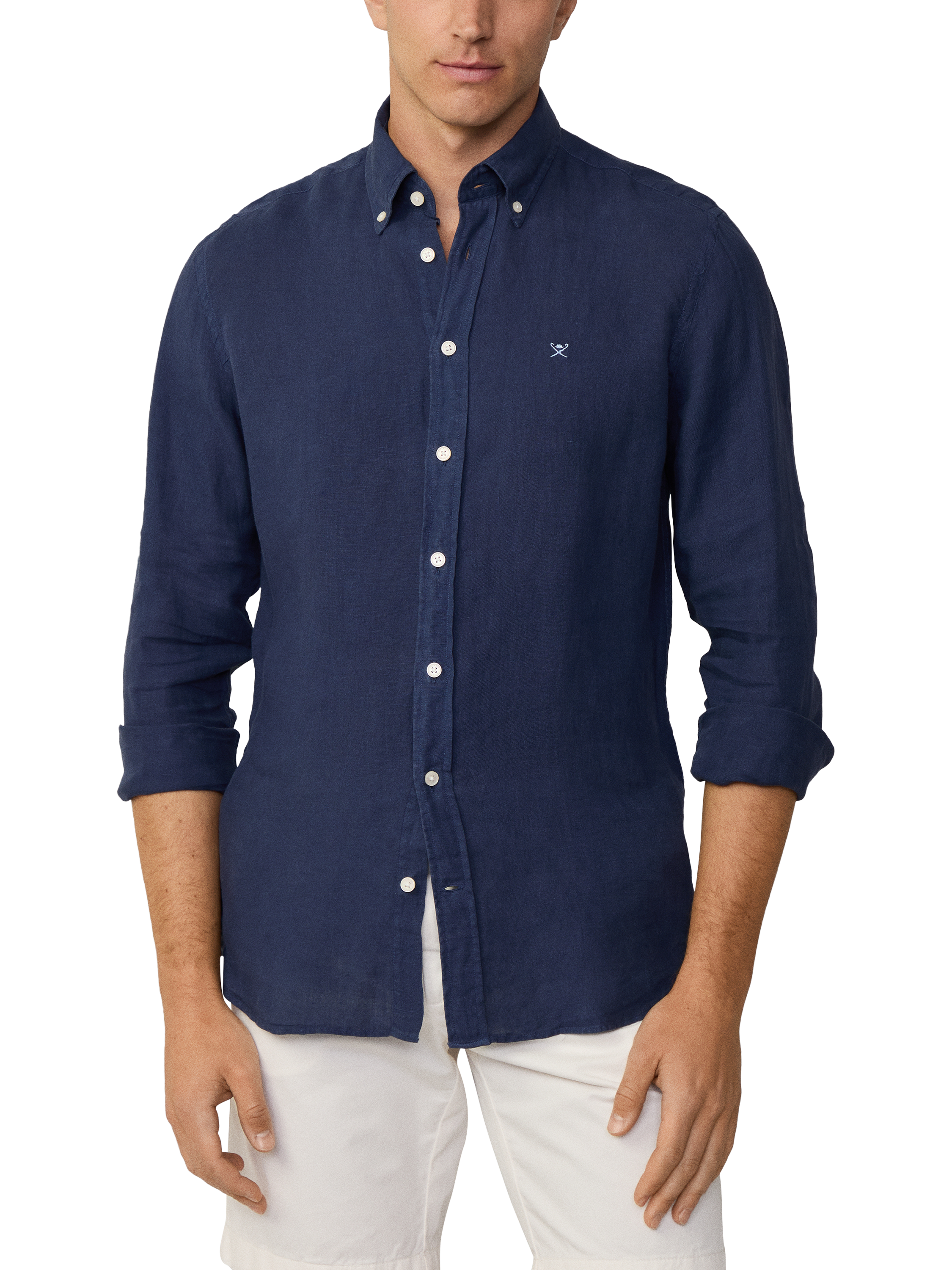 Product image 2 of 7, which shows Hackett London Linen Tailored Fit Contrast Logo Shirt, Ink Blue, XS