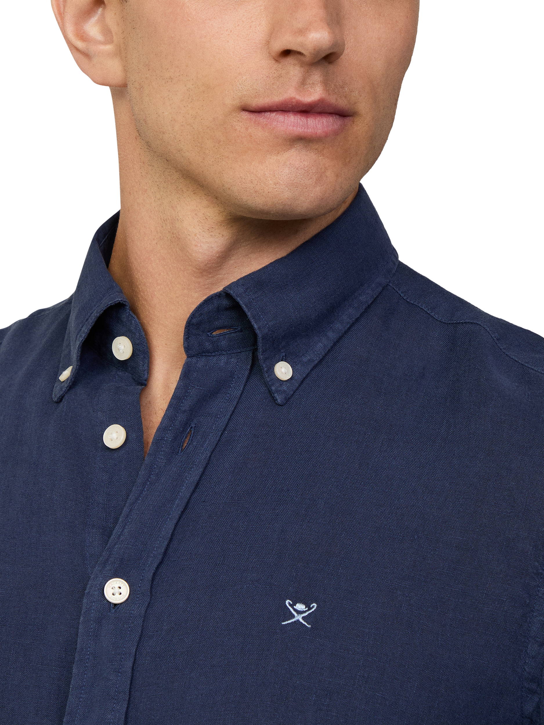 Product image 4 of 7, which shows Hackett London Linen Tailored Fit Contrast Logo Shirt, Ink Blue, XS
