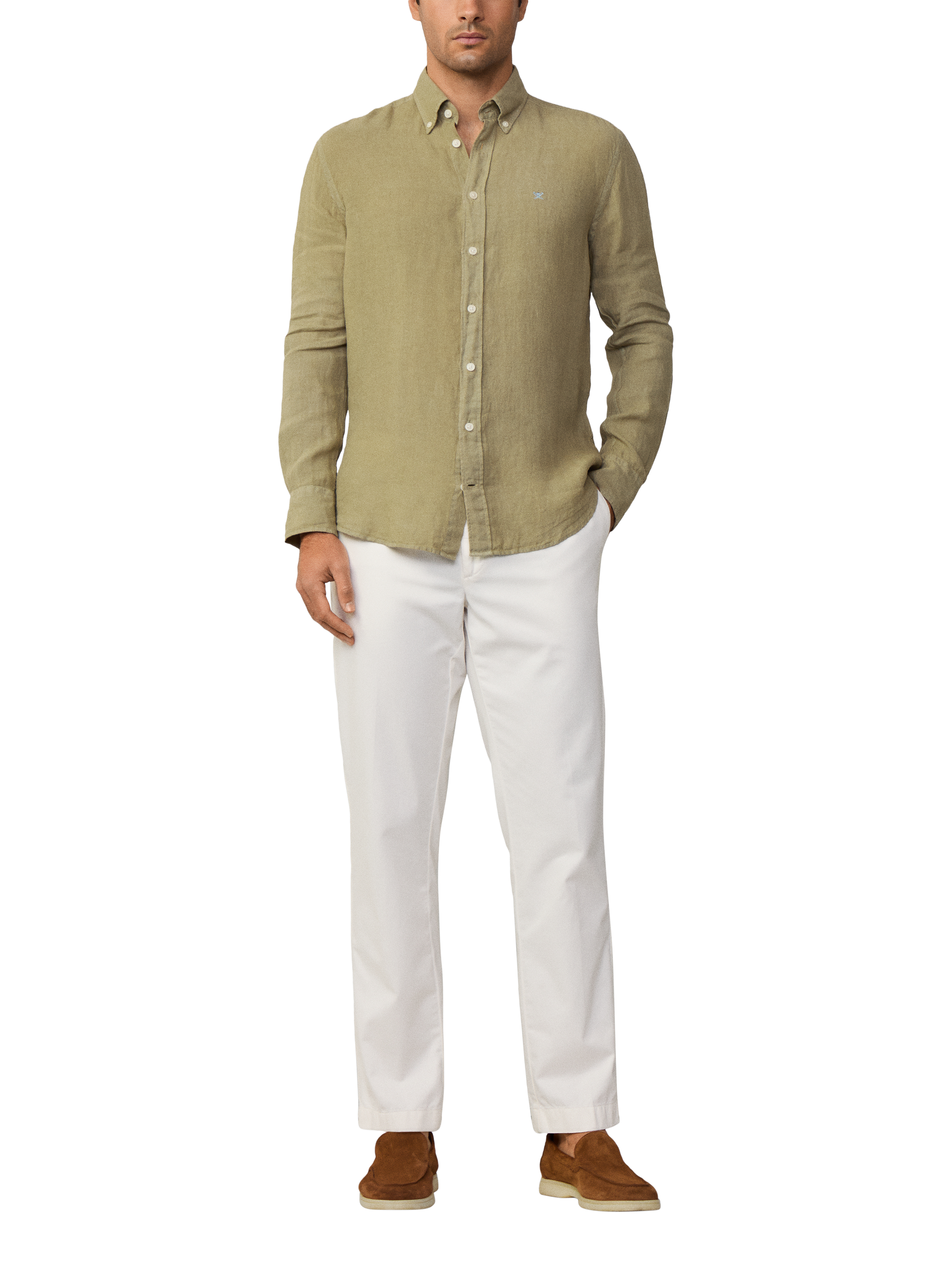 Product image 1 of 7, which shows Hackett London Linen Tailored Fit Contrast Logo Shirt, Light Khaki Green, XS