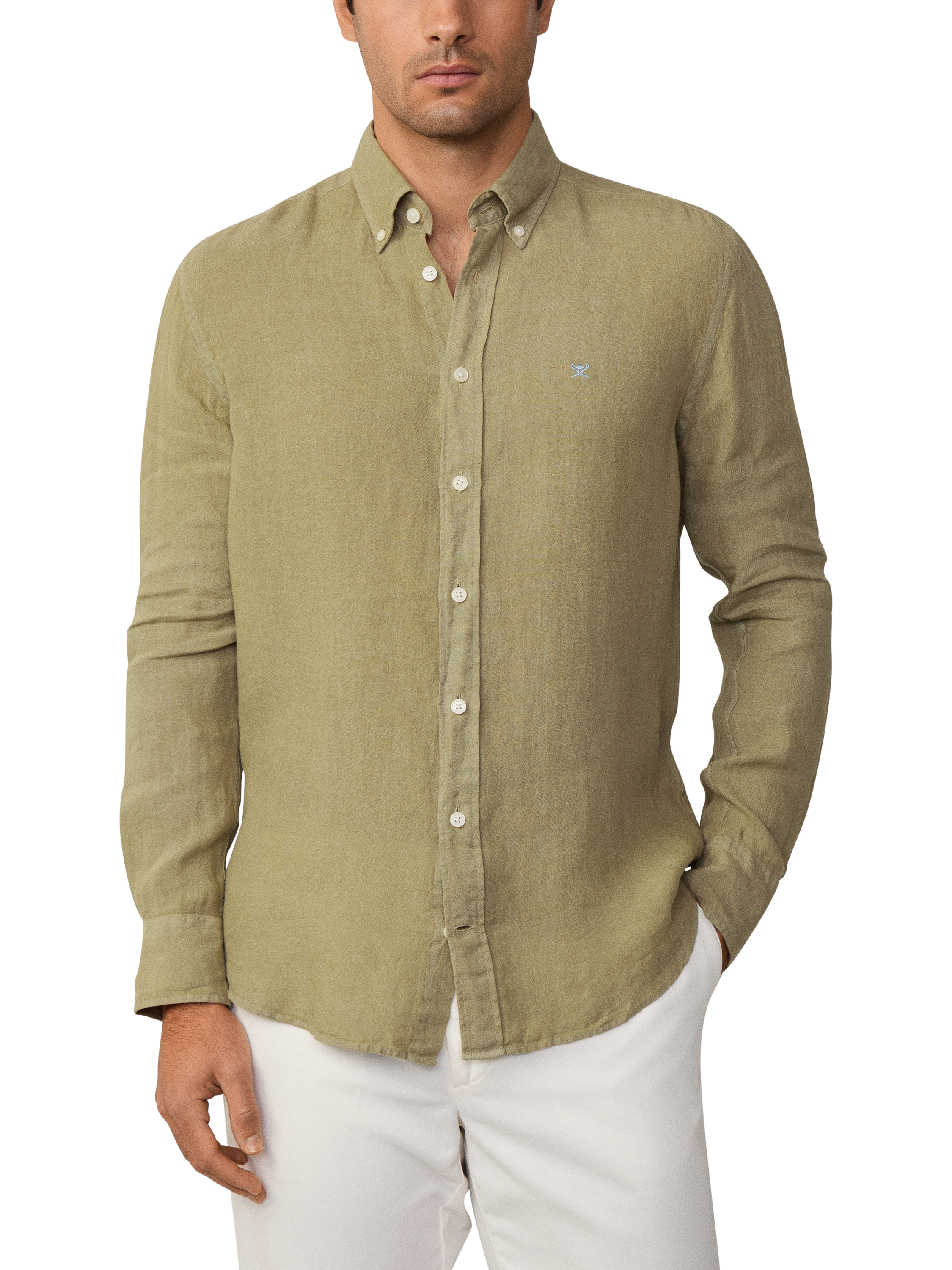 Product image 2 of 7, which shows Hackett London Linen Tailored Fit Contrast Logo Shirt, Light Khaki Green, XS