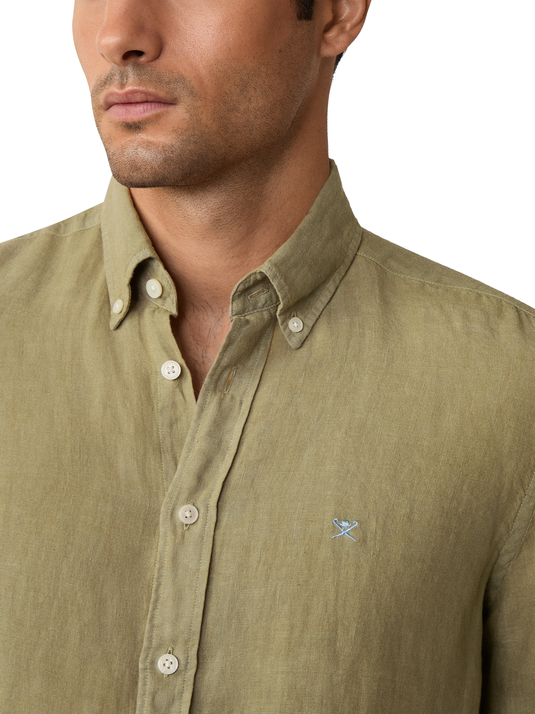 Product image 4 of 7, which shows Hackett London Linen Tailored Fit Contrast Logo Shirt, Light Khaki Green, XS