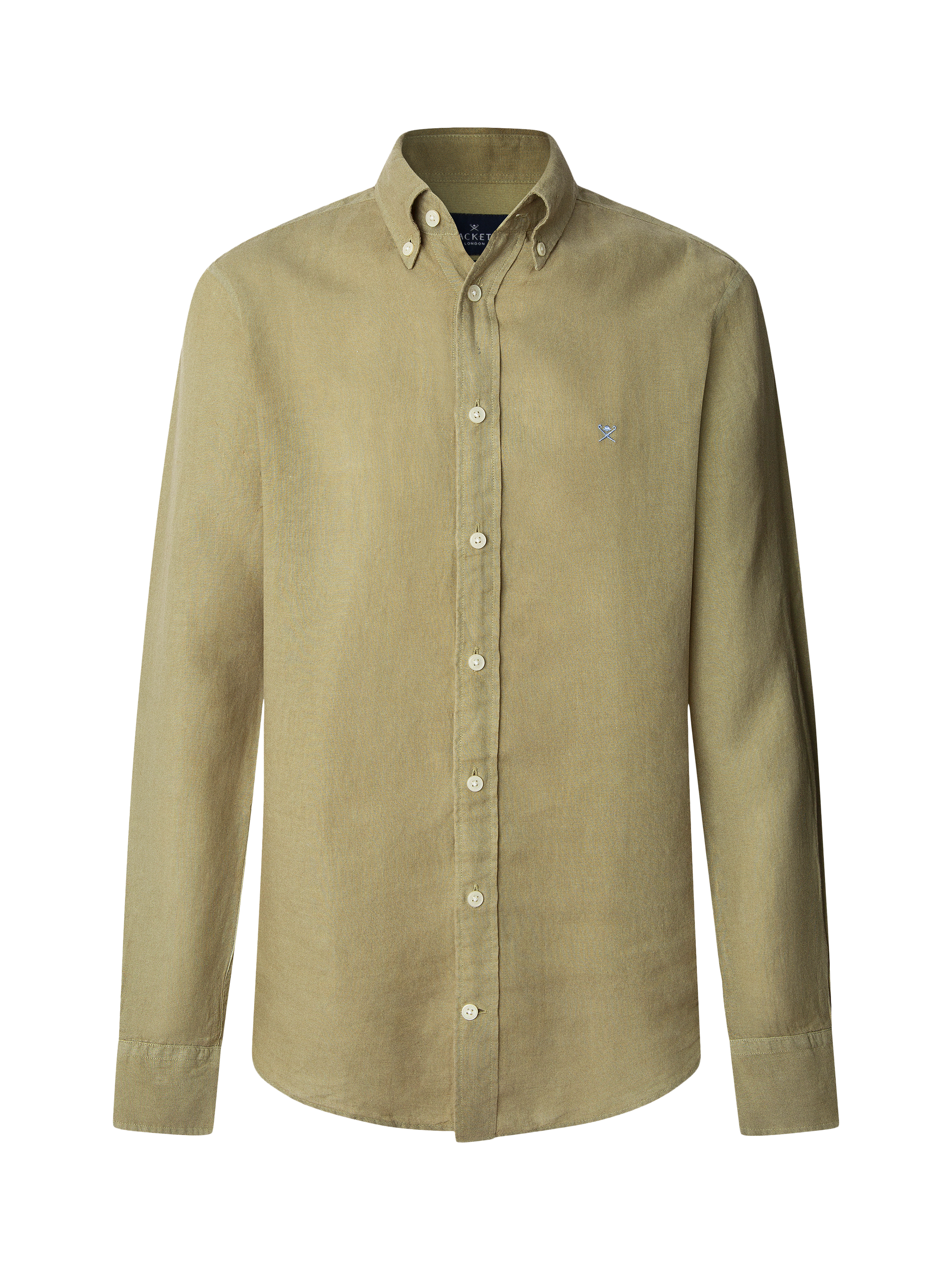 Product image 6 of 7, which shows Hackett London Linen Tailored Fit Contrast Logo Shirt, Light Khaki Green, XS