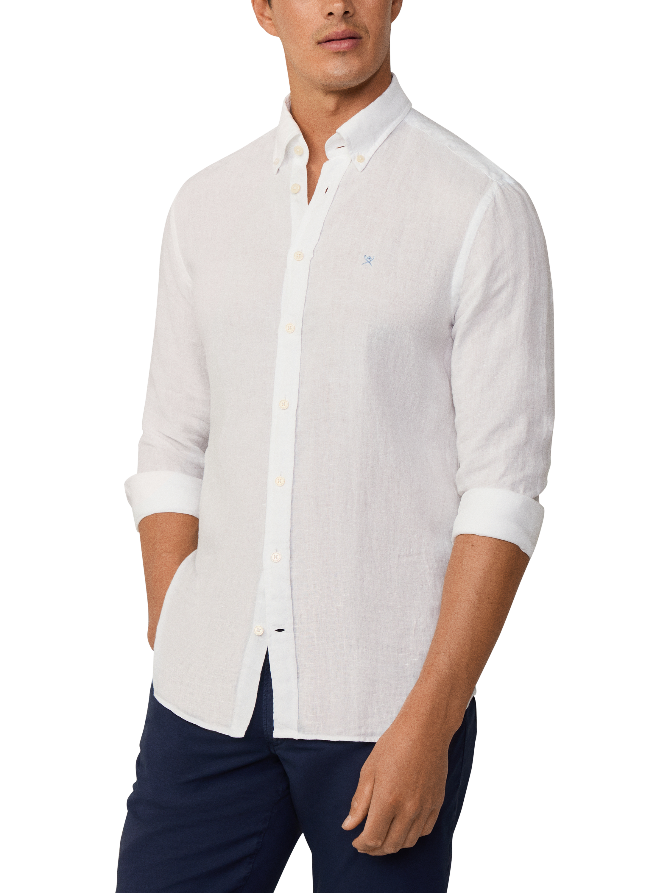 Product image 2 of 5, which shows Hackett London Linen Tailored Fit Contrast Logo Shirt, Optic White, XS