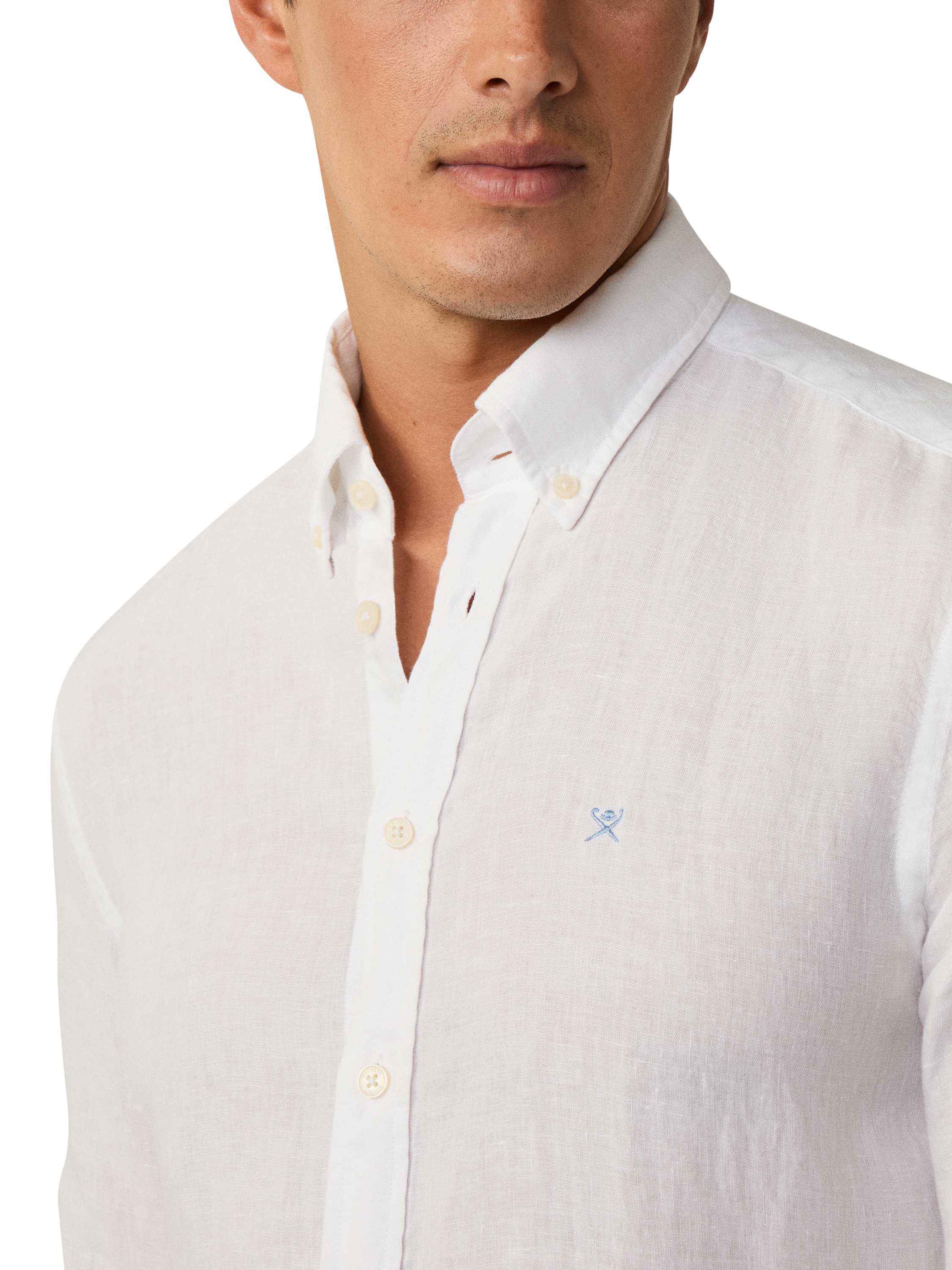 Product image 4 of 5, which shows Hackett London Linen Tailored Fit Contrast Logo Shirt, Optic White, XS