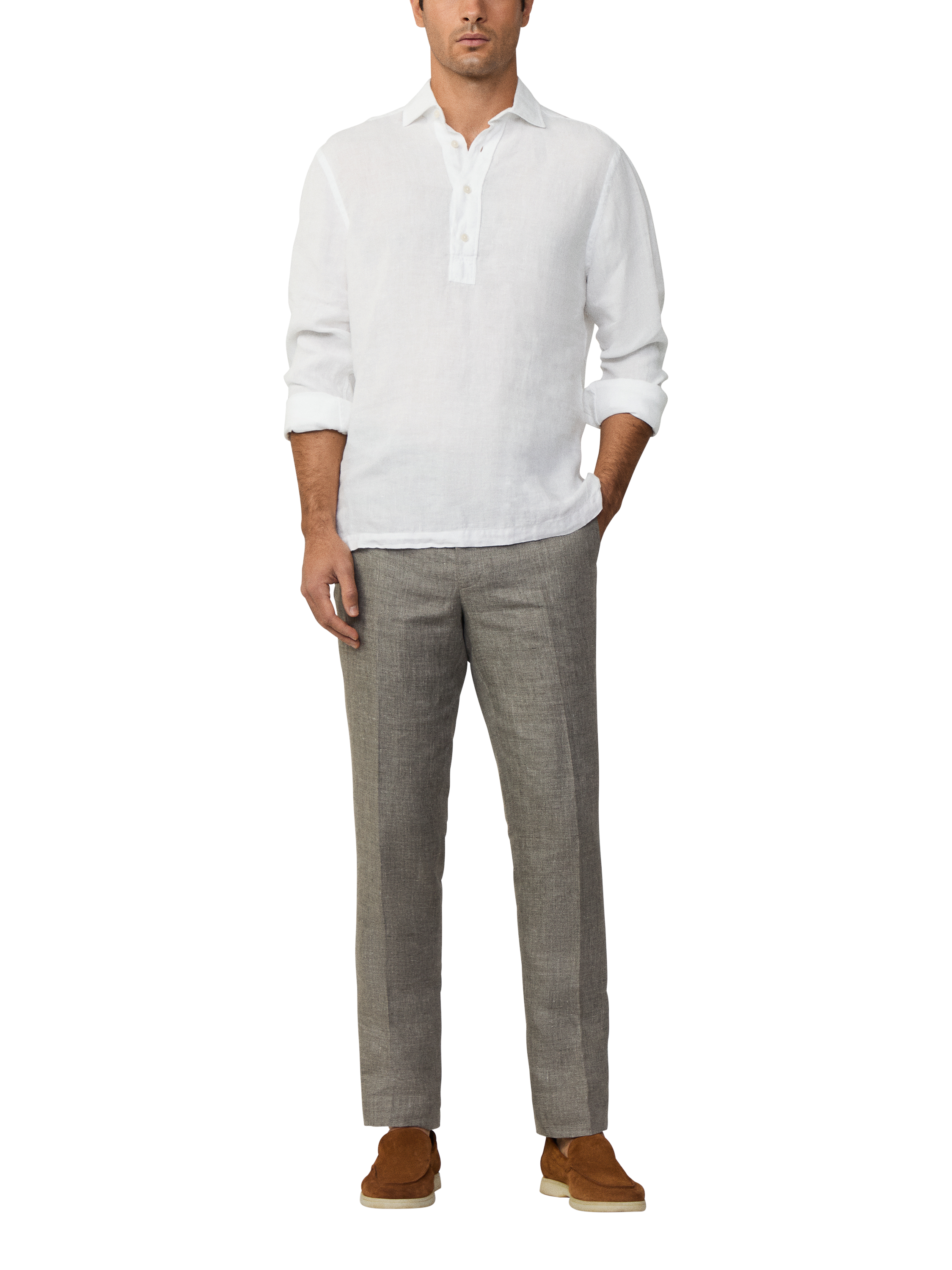 Product image 1 of 7, which shows Hackett London Linen Regular Fit Half-Placket Shirt, Optic White, XS