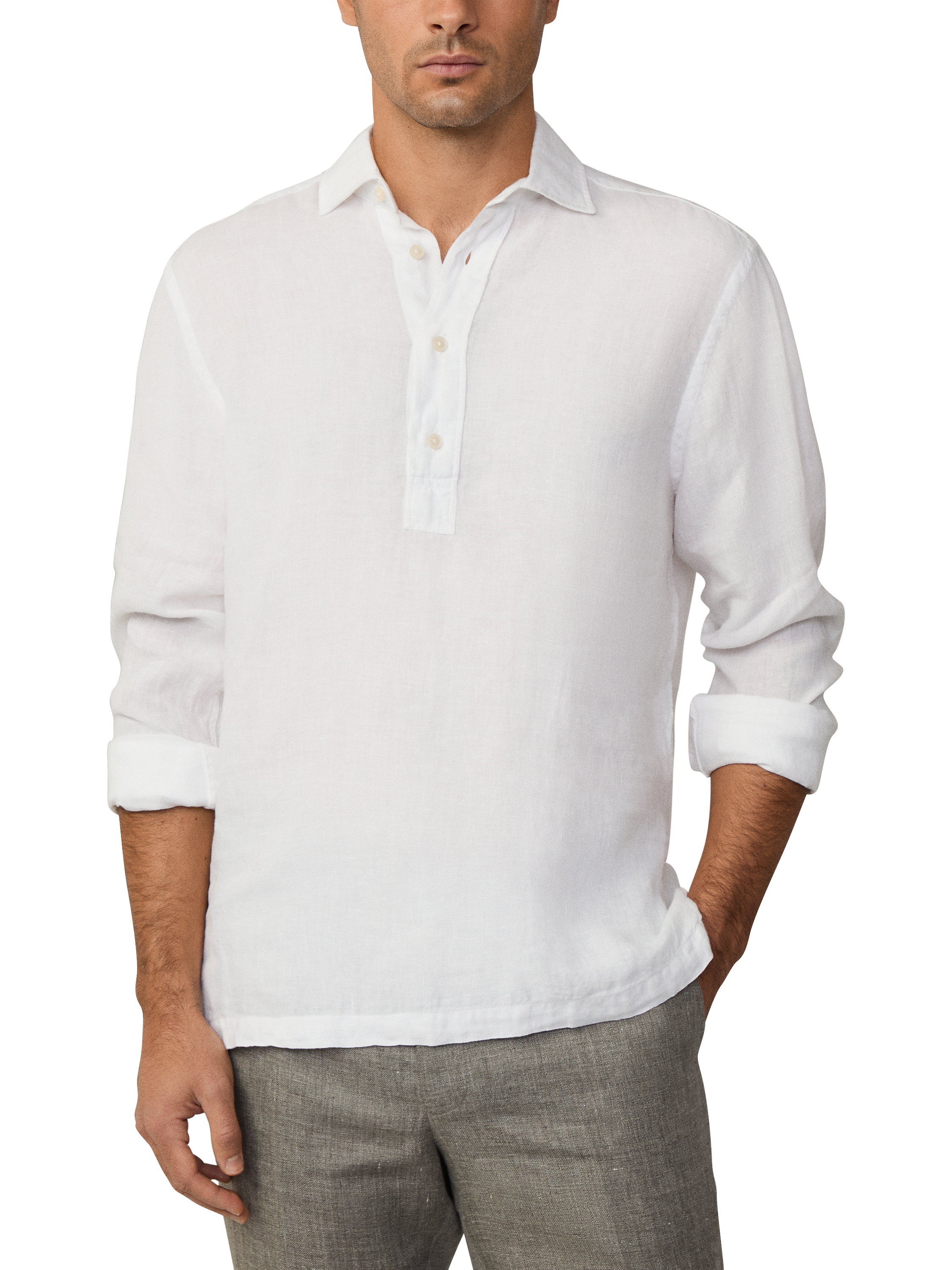 Product image 2 of 7, which shows Hackett London Linen Regular Fit Half-Placket Shirt, Optic White, XS
