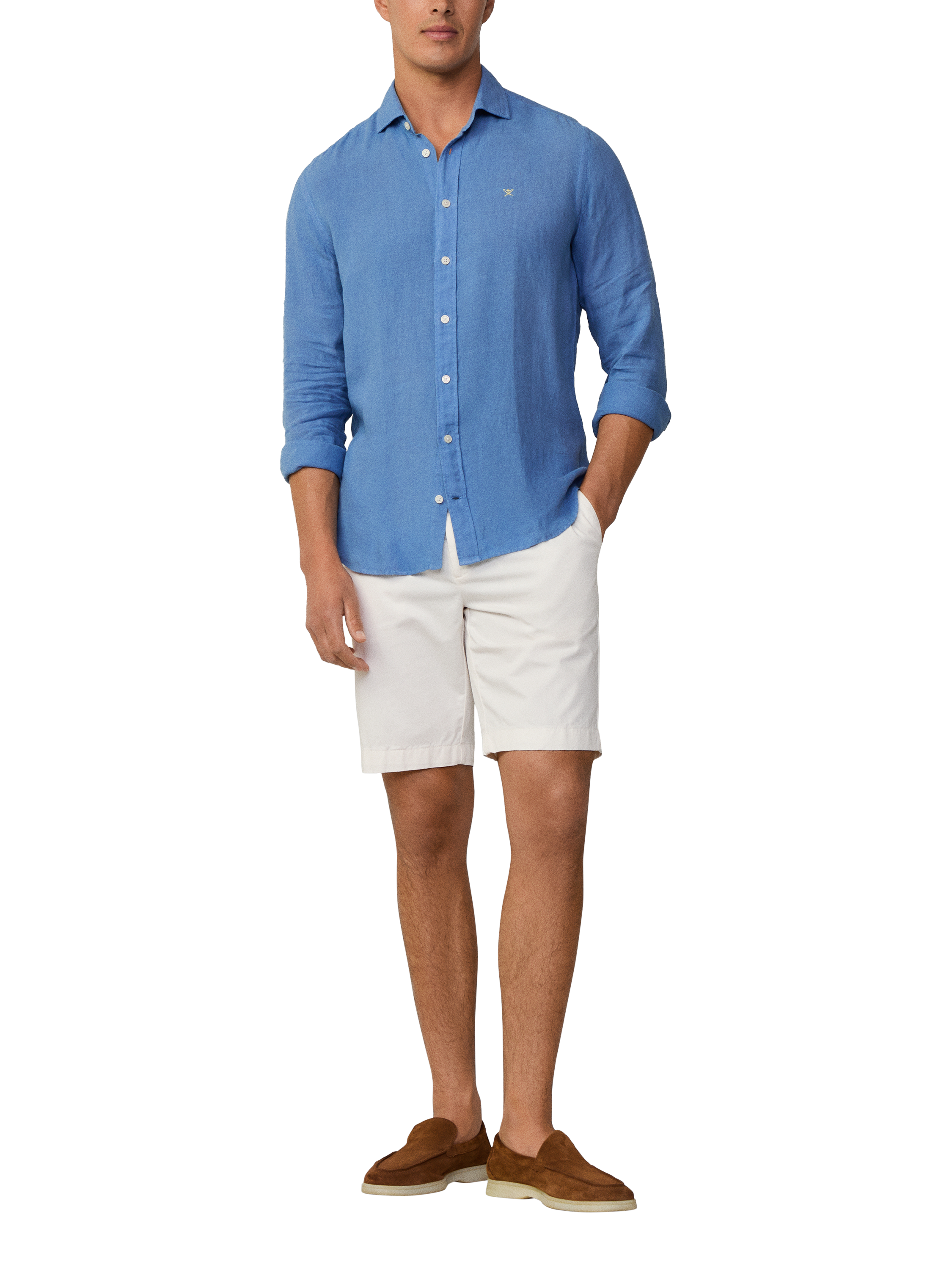 Product image 1 of 7, which shows Hackett London Linen Tailored Fit Garment-Dyed Shirt, Sea Blue, XS