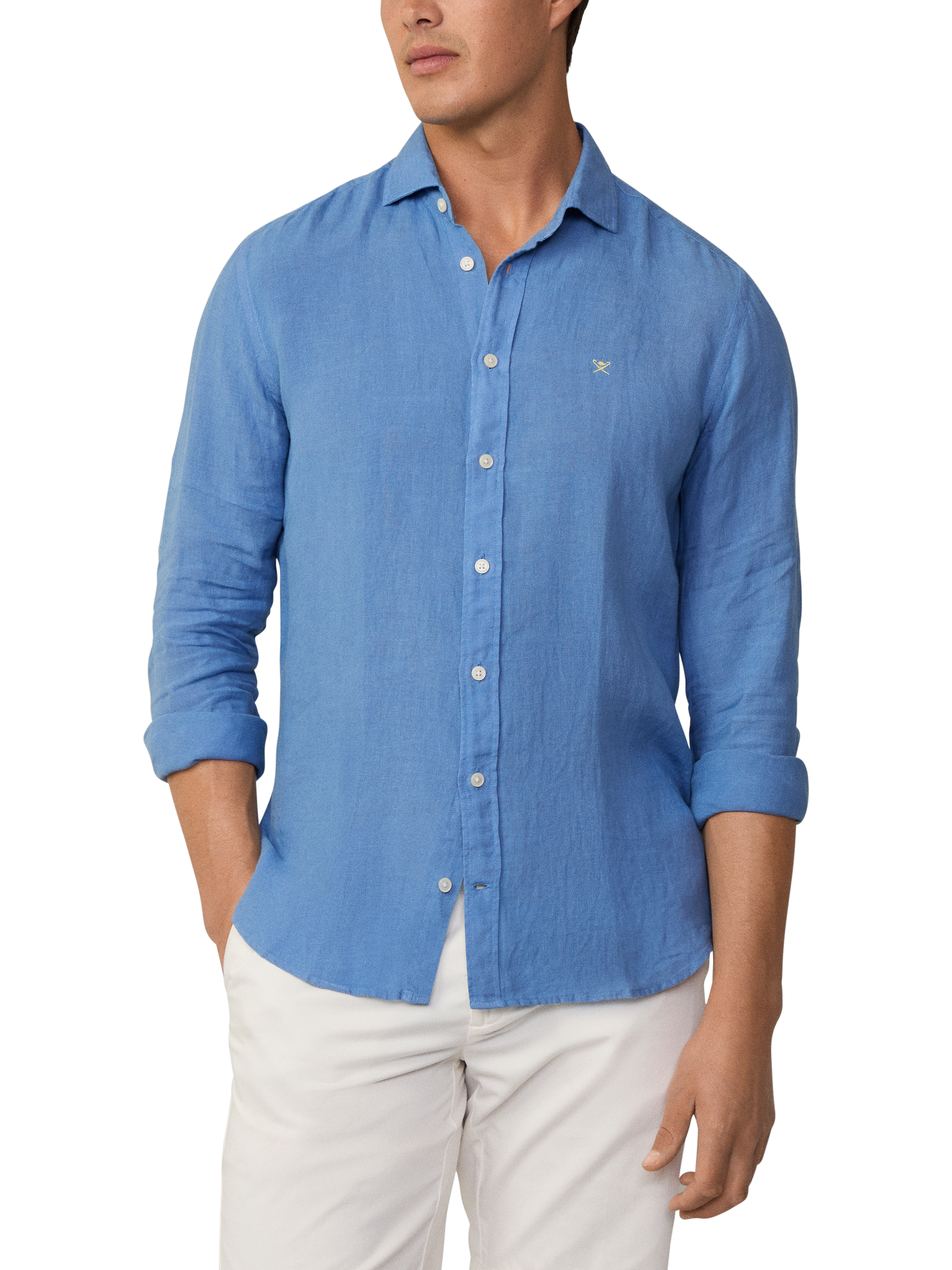 Product image 2 of 7, which shows Hackett London Linen Tailored Fit Garment-Dyed Shirt, Sea Blue, XS