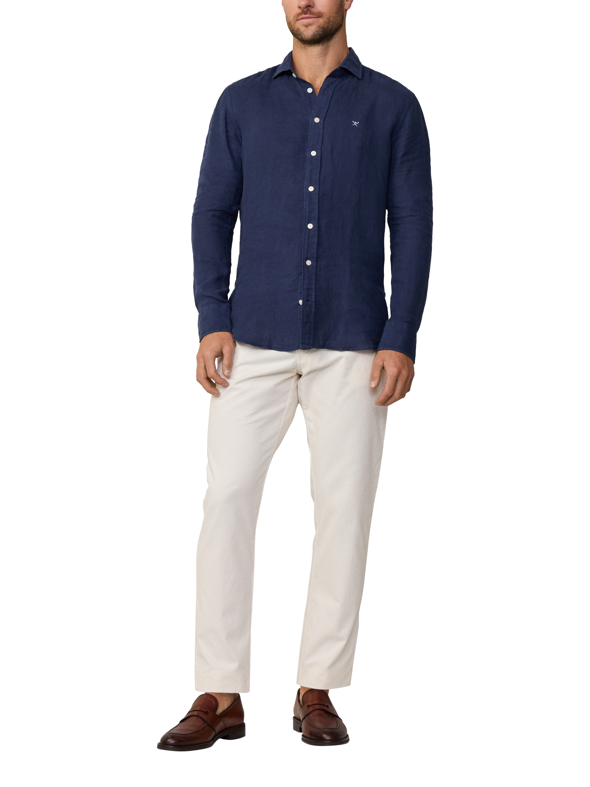 Product image 1 of 7, which shows Hackett London Linen Tailored Fit Garment-Dyed Shirt, Ink Blue, XS