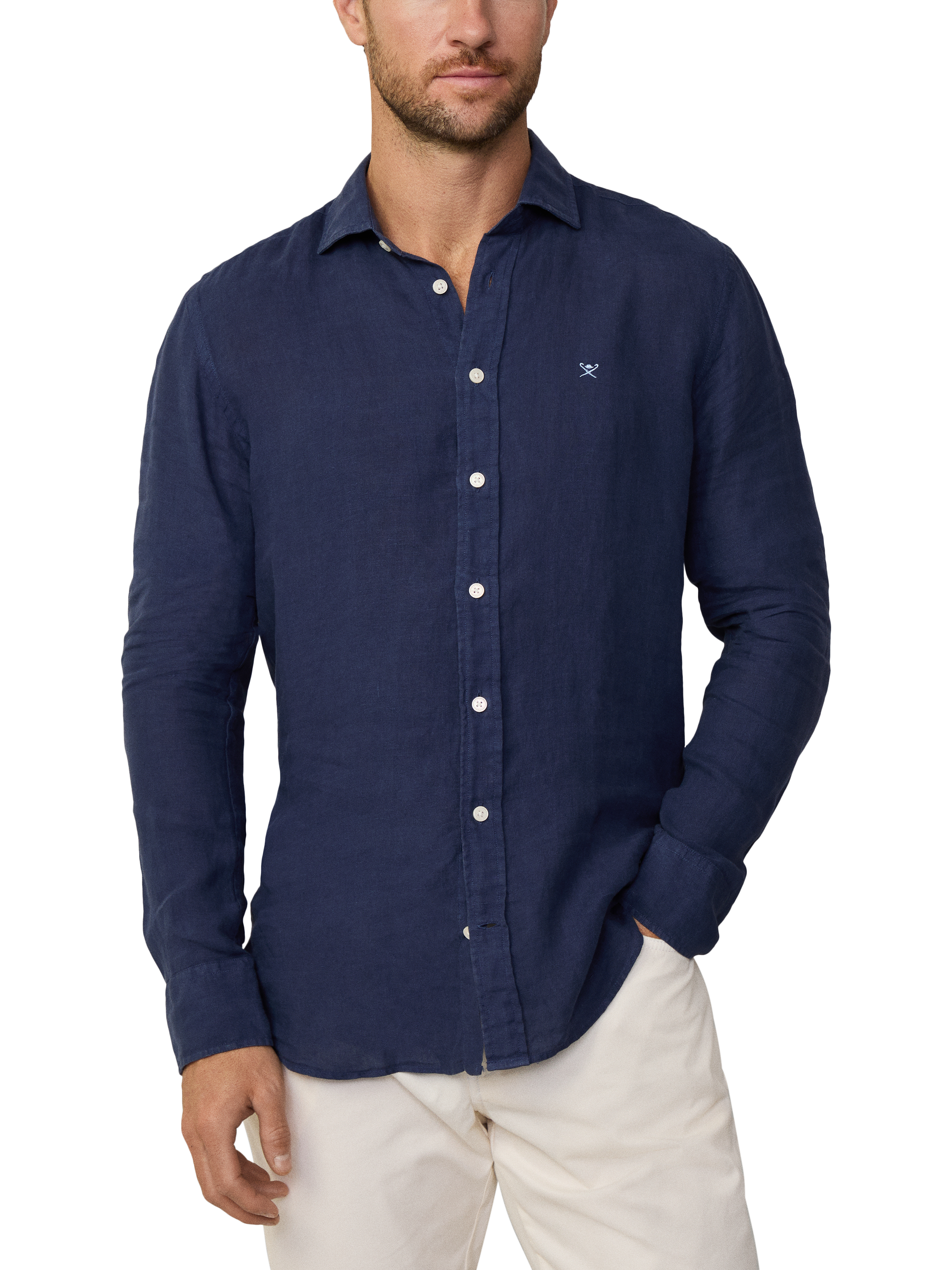 Product image 2 of 7, which shows Hackett London Linen Tailored Fit Garment-Dyed Shirt, Ink Blue, XS