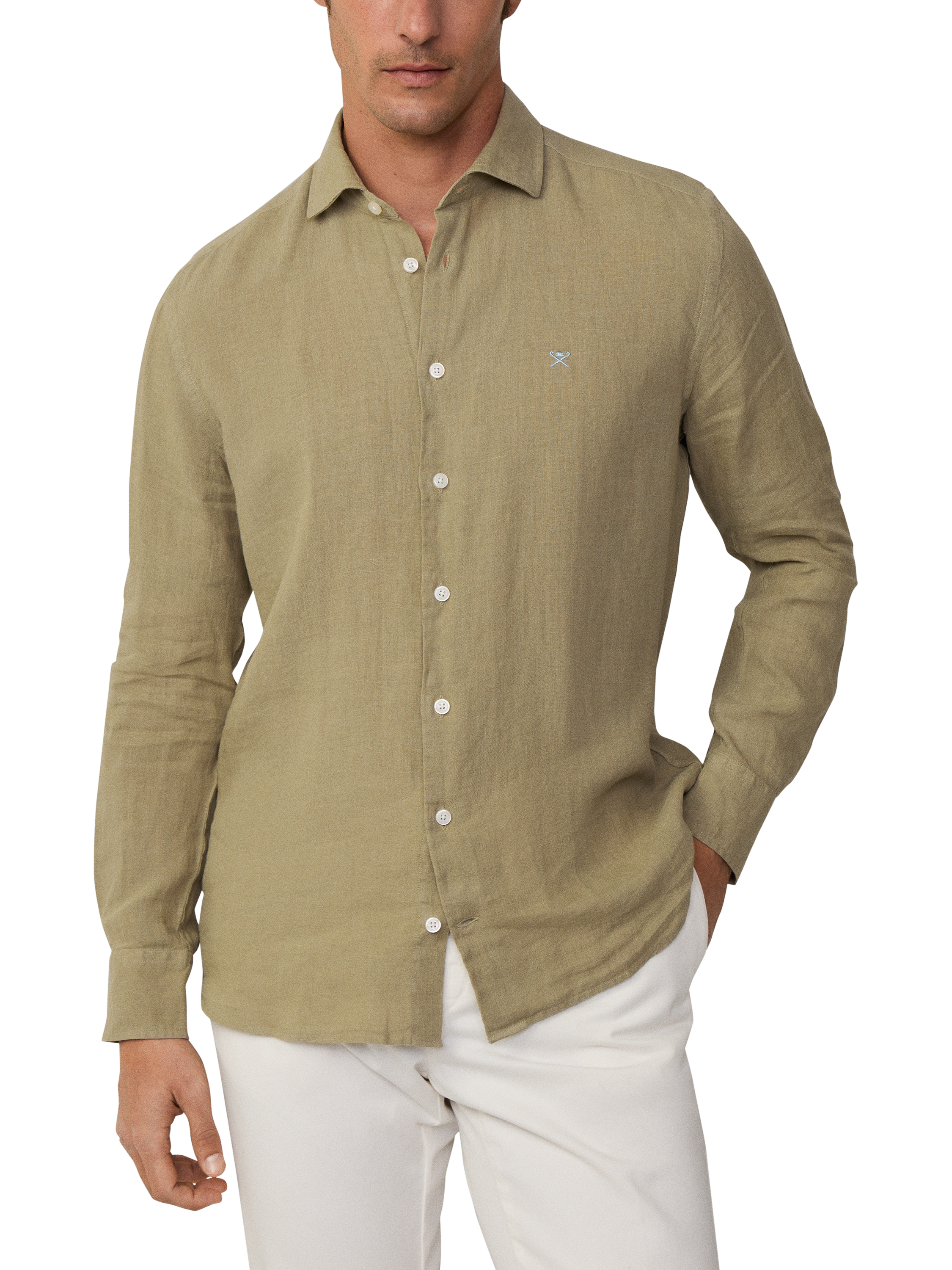 Product image 1 of 7, which shows Hackett London Linen Tailored Fit Garment-Dyed Shirt, Light Khaki Green, XS