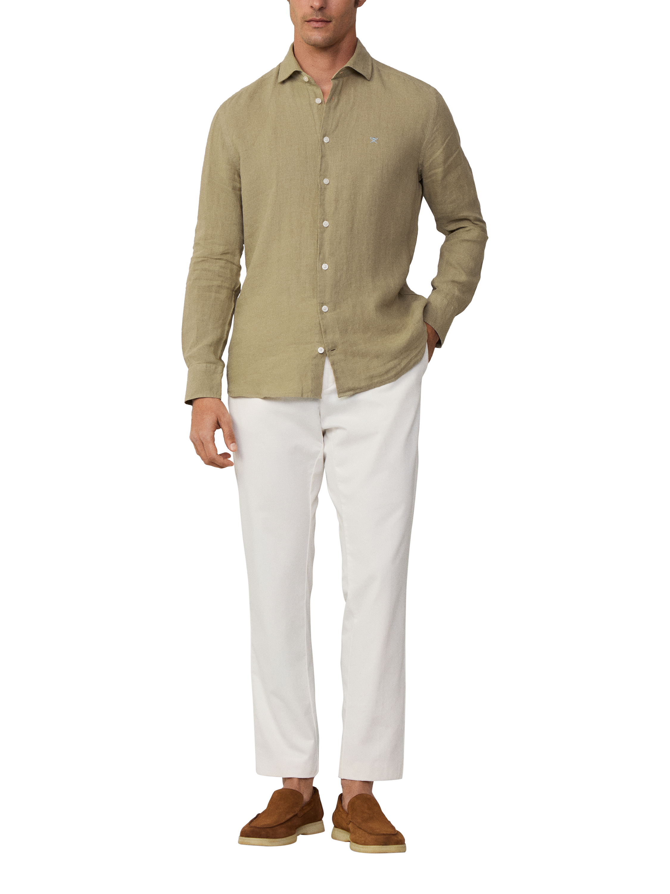 Product image 2 of 7, which shows Hackett London Linen Tailored Fit Garment-Dyed Shirt, Light Khaki Green, XS
