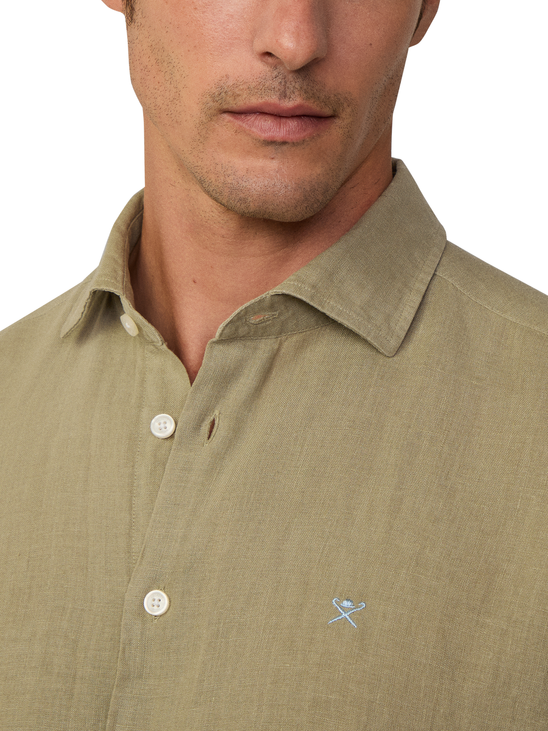 Product image 4 of 7, which shows Hackett London Linen Tailored Fit Garment-Dyed Shirt, Light Khaki Green, XS