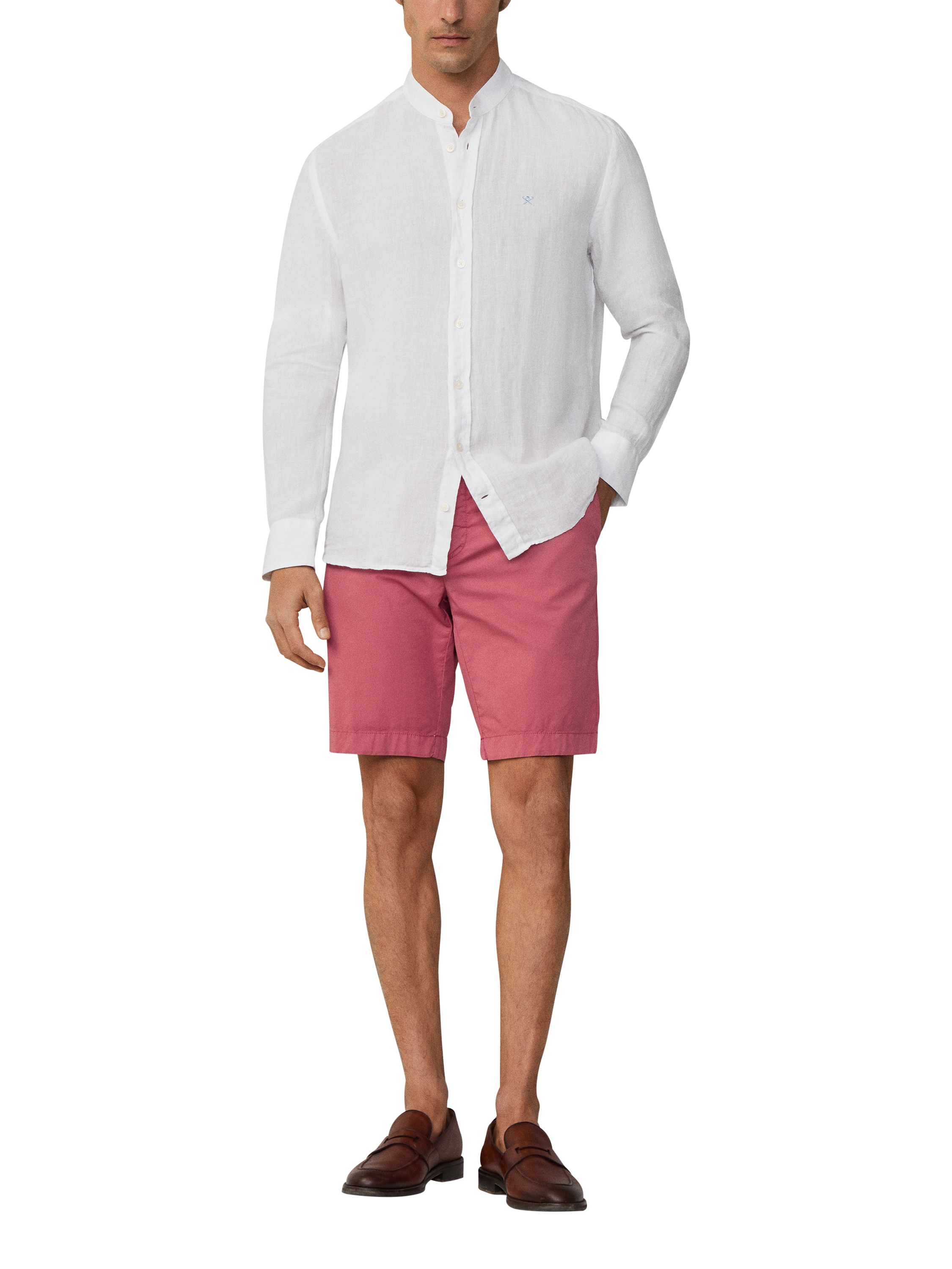 Product image 2 of 7, which shows Hackett London Linen Tailored Fit Porter Grandad Collar Shirt, Optic White, XS
