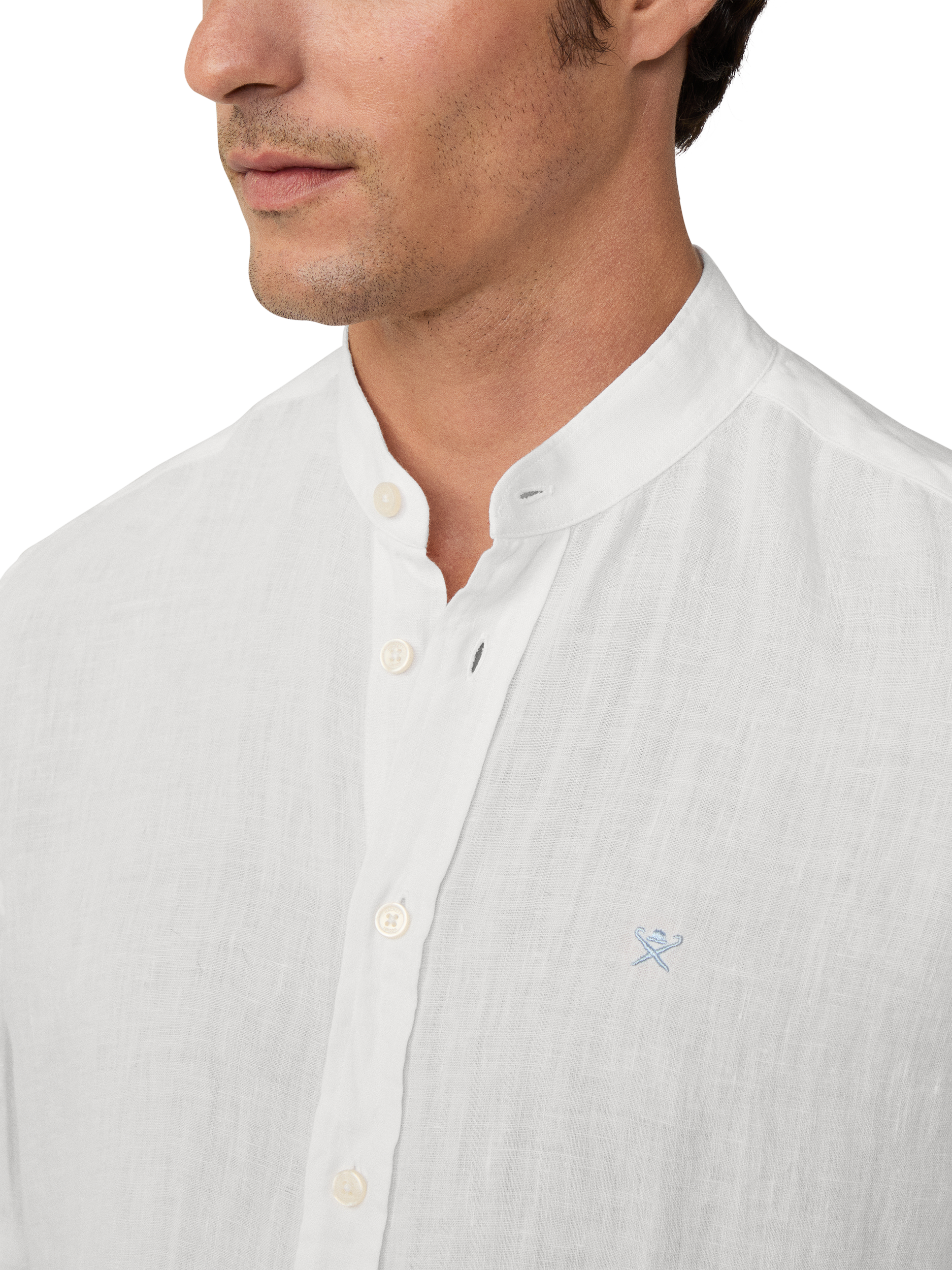 Product image 4 of 7, which shows Hackett London Linen Tailored Fit Porter Grandad Collar Shirt, Optic White, XS