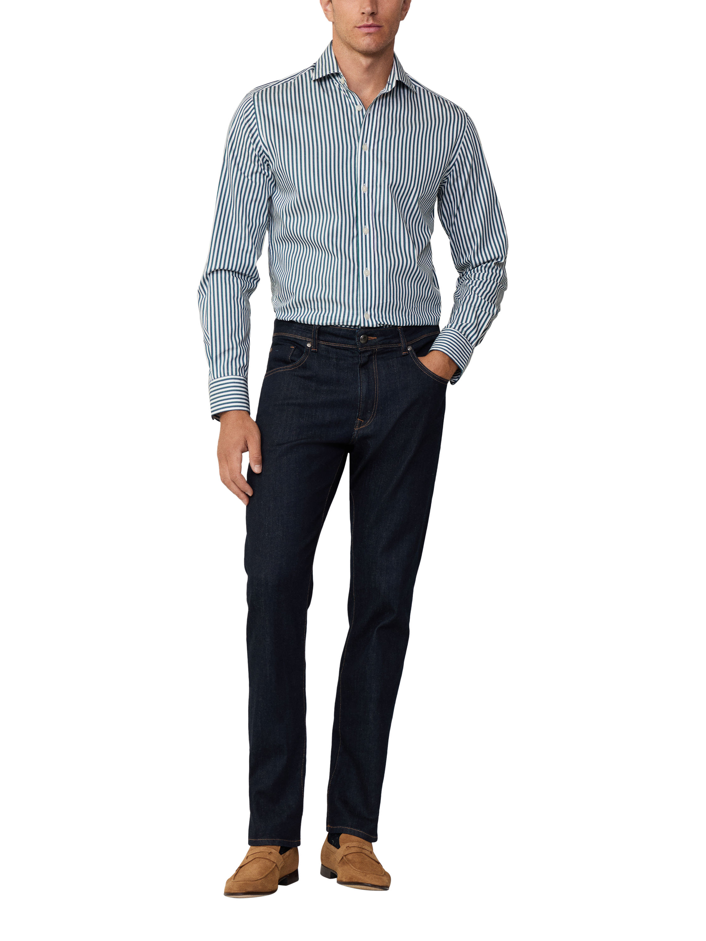 Product image 1 of 7, which shows Hackett London Cotton Classic Fit Kent Cutaway Stripe Shirt, Ivy Green/White, XL