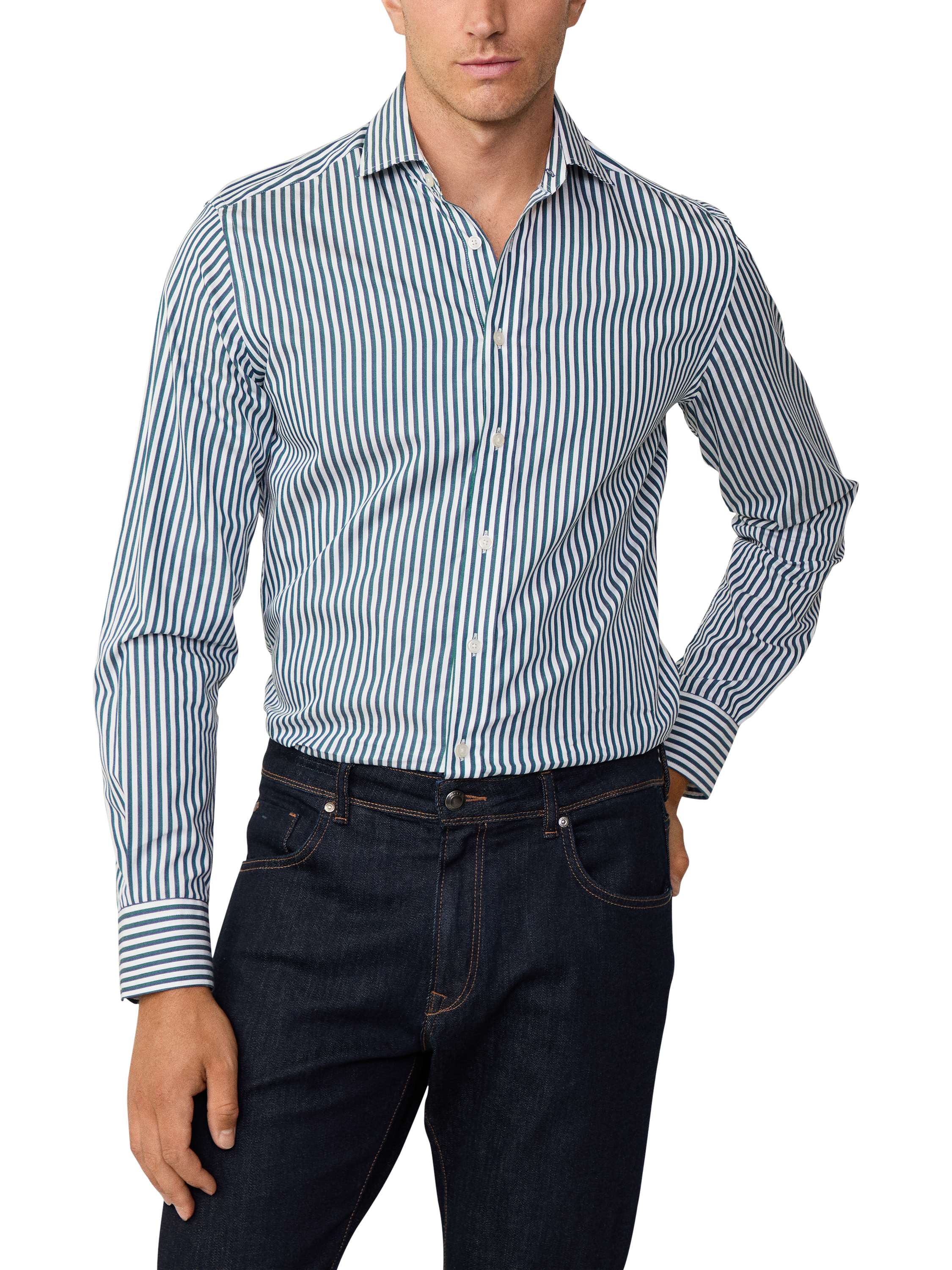 Product image 2 of 7, which shows Hackett London Cotton Classic Fit Kent Cutaway Stripe Shirt, Ivy Green/White, XL