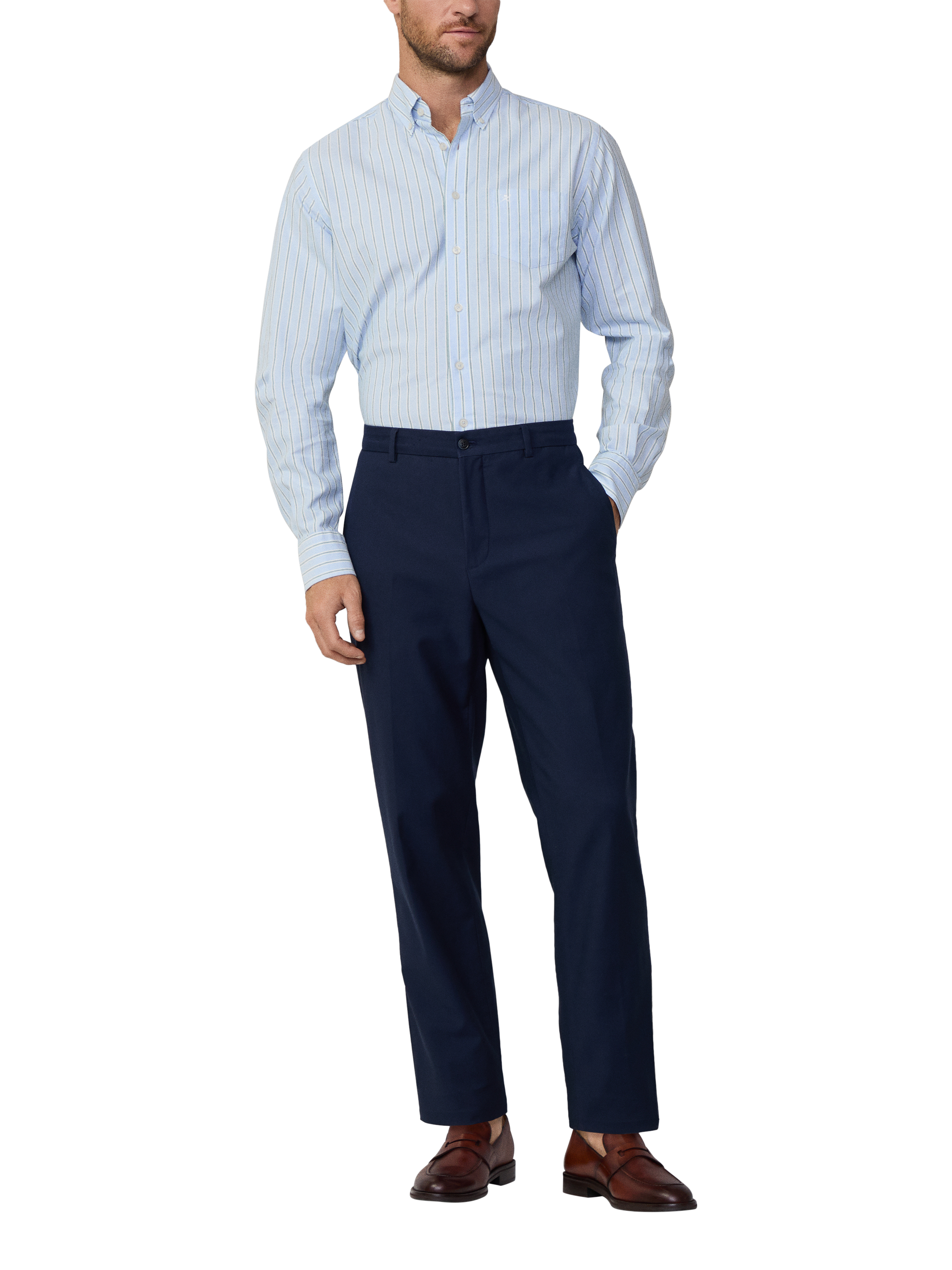 Product image 1 of 7, which shows Hackett London Cotton Classic Fit Brompton Button-Down Stripe Shirt, Sky Blue/Green, XXL