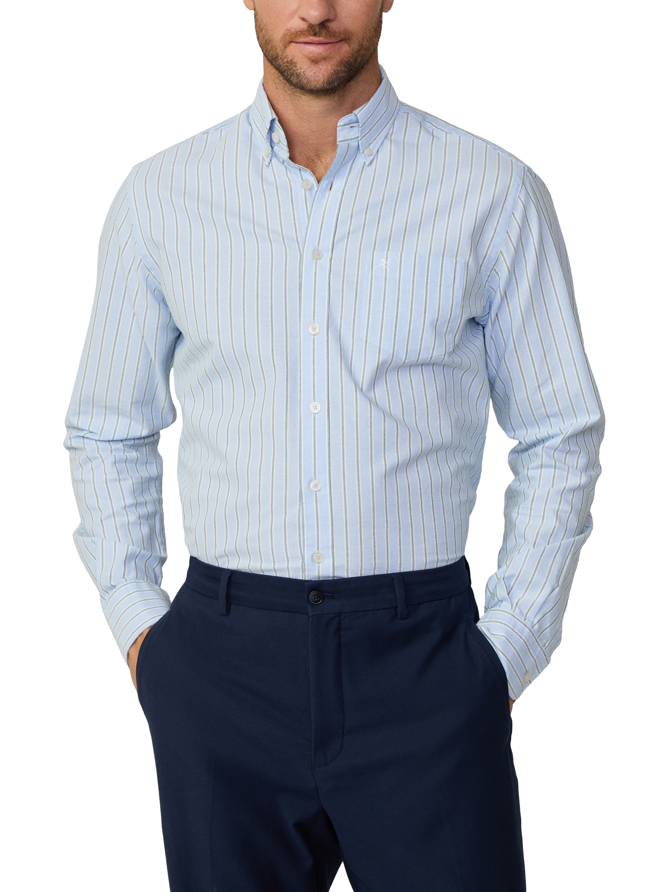 Product image 2 of 7, which shows Hackett London Cotton Classic Fit Brompton Button-Down Stripe Shirt, Sky Blue/Green, XXL