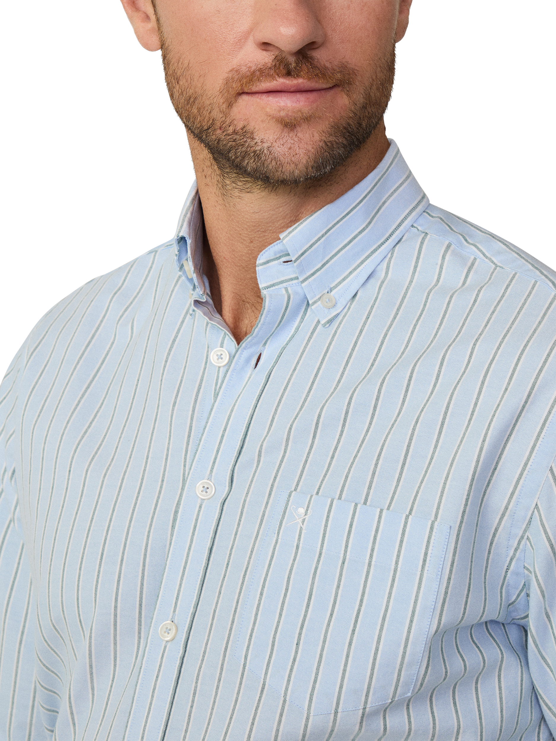 Product image 4 of 7, which shows Hackett London Cotton Classic Fit Brompton Button-Down Stripe Shirt, Sky Blue/Green, XXL