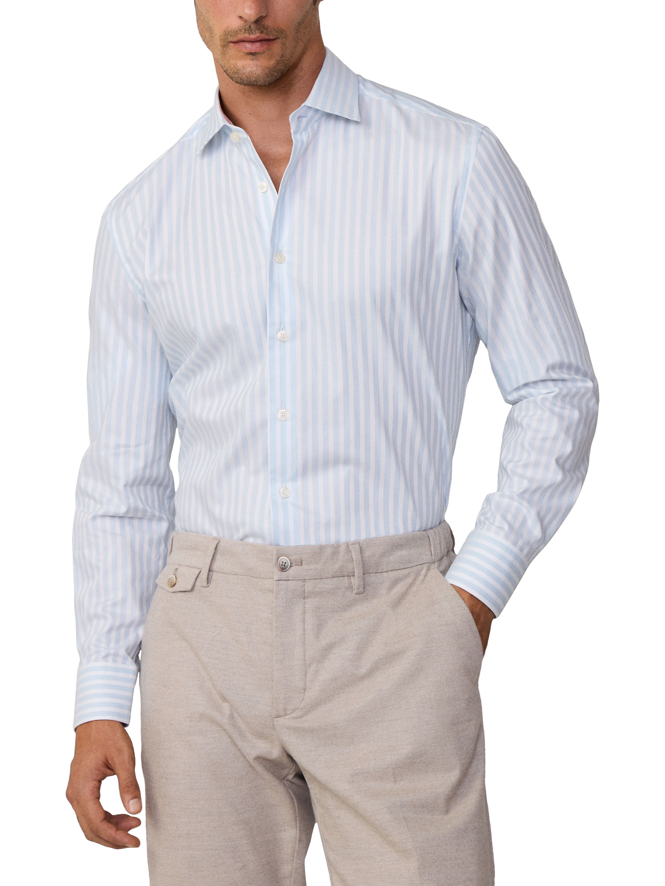 Product image 2 of 7, which shows Hackett London Cotton Tailored Fit Bengal Stripe Shirt, Sky Blue, XXL