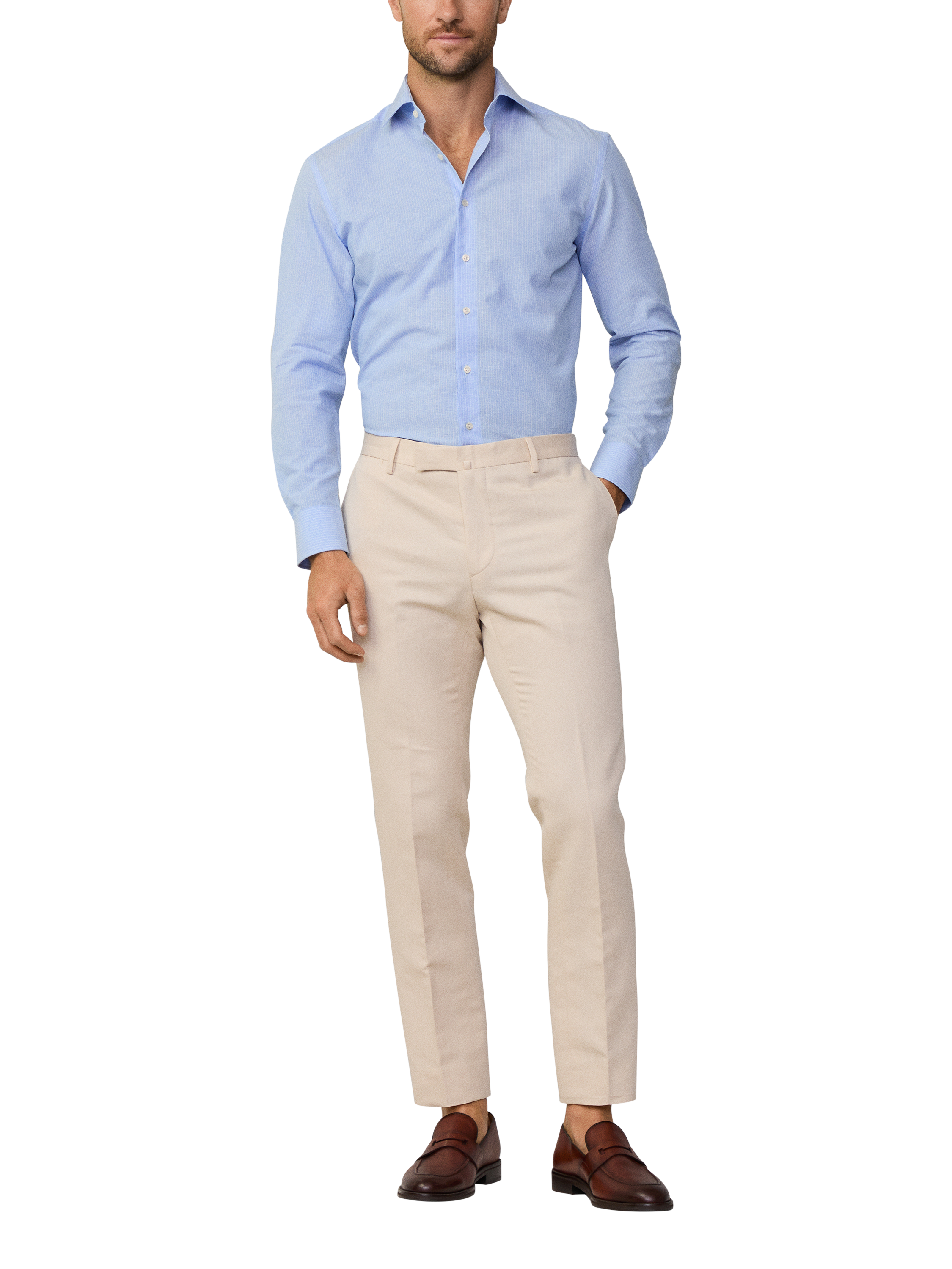 Product image 1 of 7, which shows Hackett London Linen Blend Knightsbridge Cutaway Collar Tailored Fit Stripe Shirt, Sky Blue, S