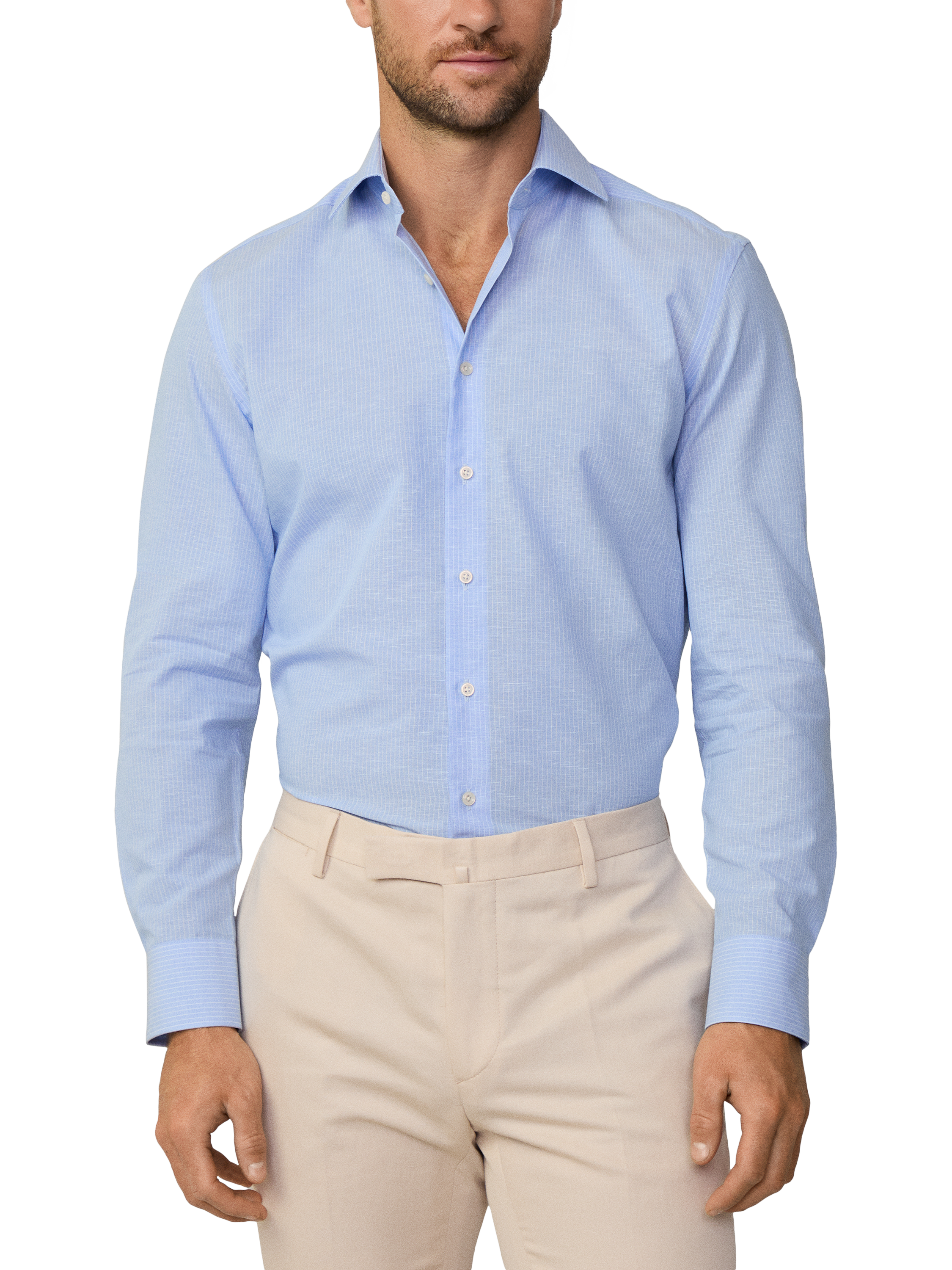 Product image 2 of 7, which shows Hackett London Linen Blend Knightsbridge Cutaway Collar Tailored Fit Stripe Shirt, Sky Blue, S