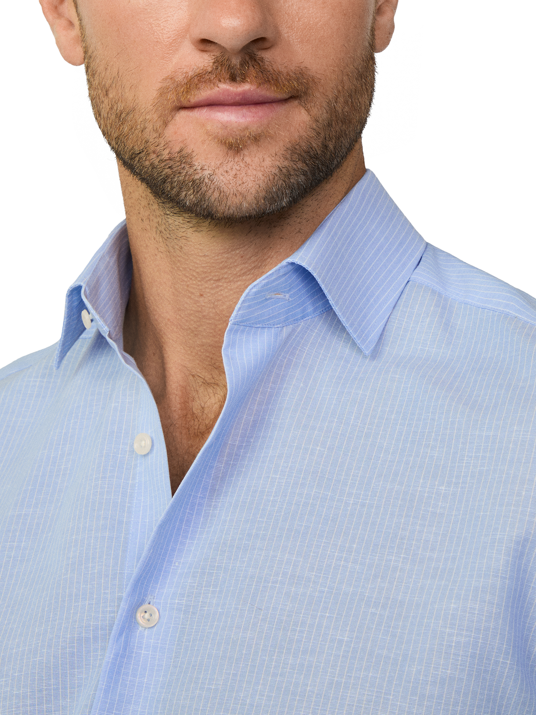 Product image 4 of 7, which shows Hackett London Linen Blend Knightsbridge Cutaway Collar Tailored Fit Stripe Shirt, Sky Blue, S