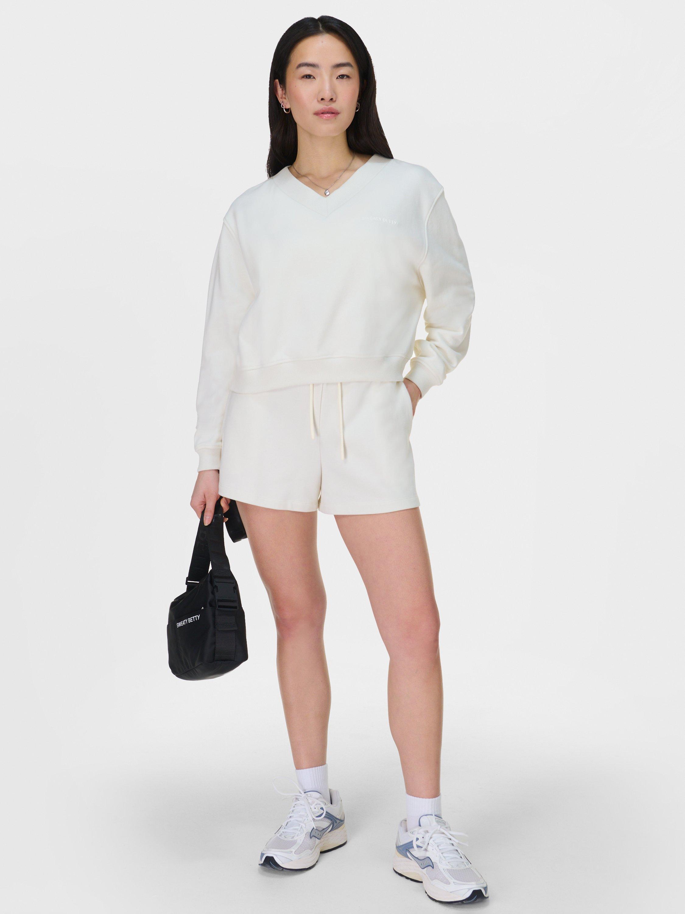Product image 3 of 7, which shows Sweaty Betty Revive Organic Cotton Rich Cropped Jumper, Lily White, XXS-XS
