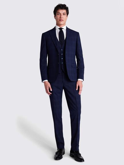 Moss Slim Fit Check Suit Jacket, Navy - view 2, Navy
