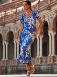 Sosandar Floral Fluted Hem Midi Dress, Blue
