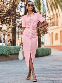 Sosandar Ruched Waist Popper Front Denim Dress, Pink, Pink
