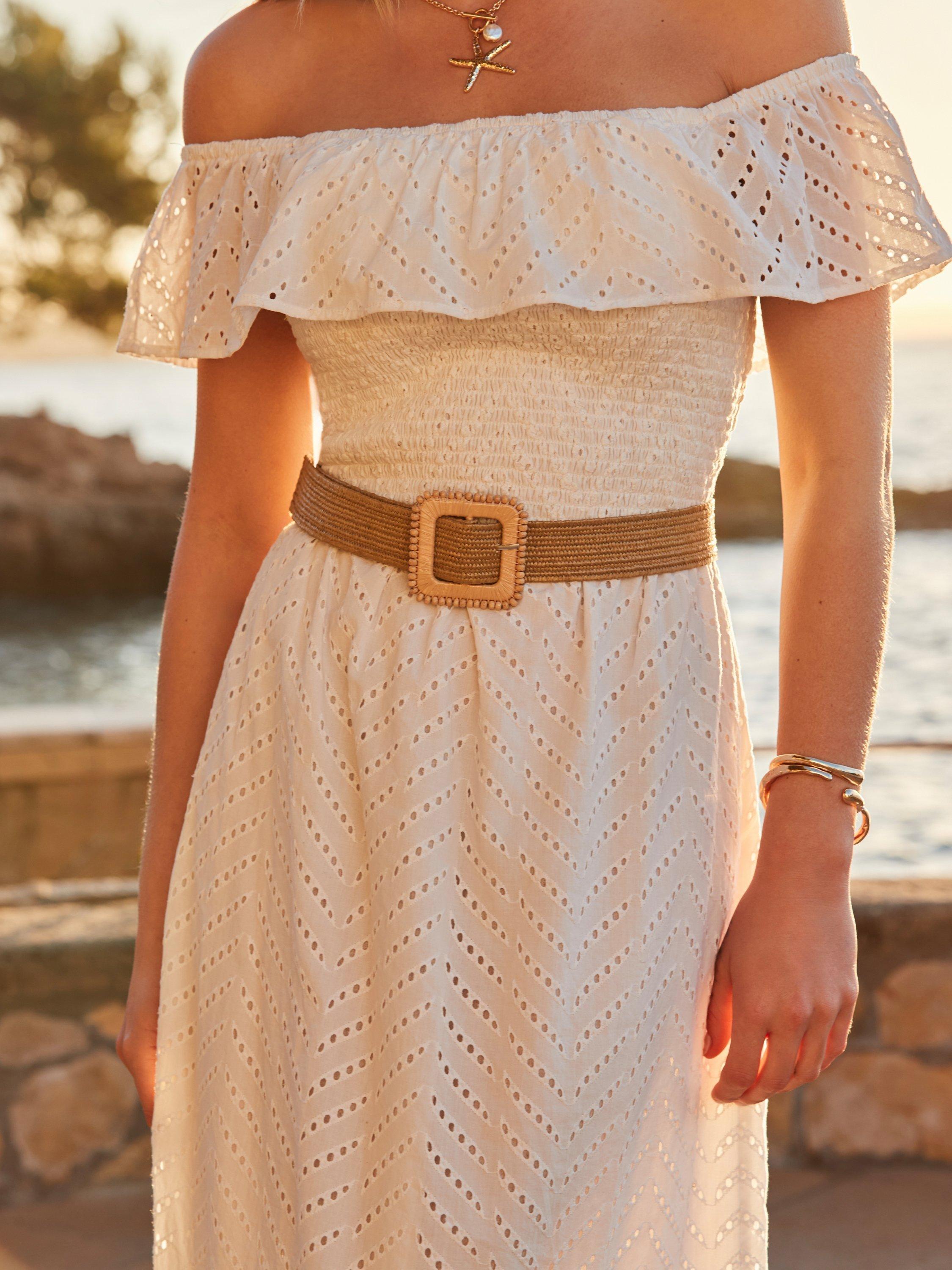 Product image 4 of 5, which shows Sosandar Broderie Anglaise Belted Bardot Dress, White, 6