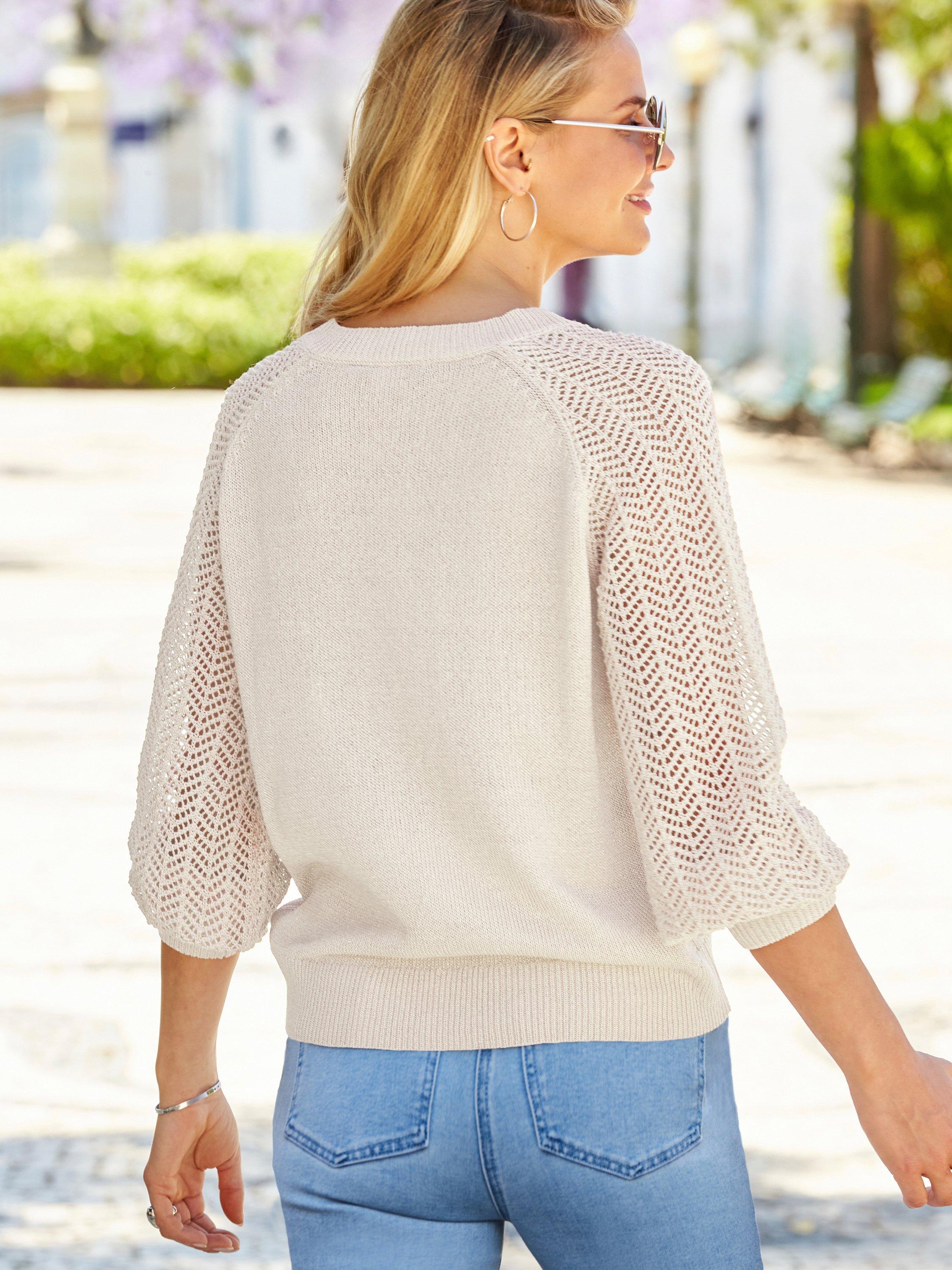Product image 5 of 6, which shows Sosandar Pointelle Sleeve V-Neck Jumper, Ivory, L