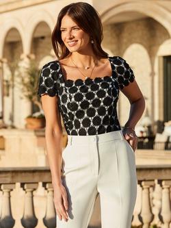 Sosandar Contrast Lace Square Neck Top, Black, Black
