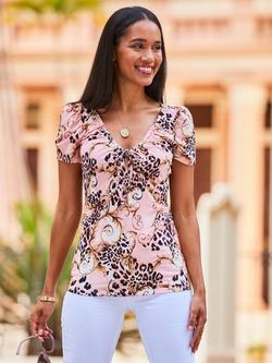 Sosandar Animal Print Swirl Jersey Top, Pink/Multi, Pink/Multi