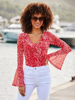 Sosandar Spot Print Mesh Ruffle Wrap Top, Red/White, Red/White