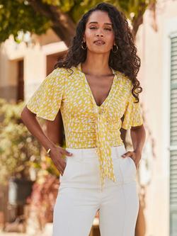 Sosandar Fleck Print Ruched Jersey Top, Yellow/Multi, Yellow/Multi