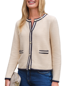 Pure Collection Contrast Stitch Pure Organic Cotton Cardigan, Vanilla/Navy, Vanilla/Navy