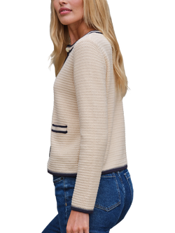 Pure Collection Contrast Stitch Pure Organic Cotton Cardigan, Vanilla/Navy - view 2, Vanilla/Navy