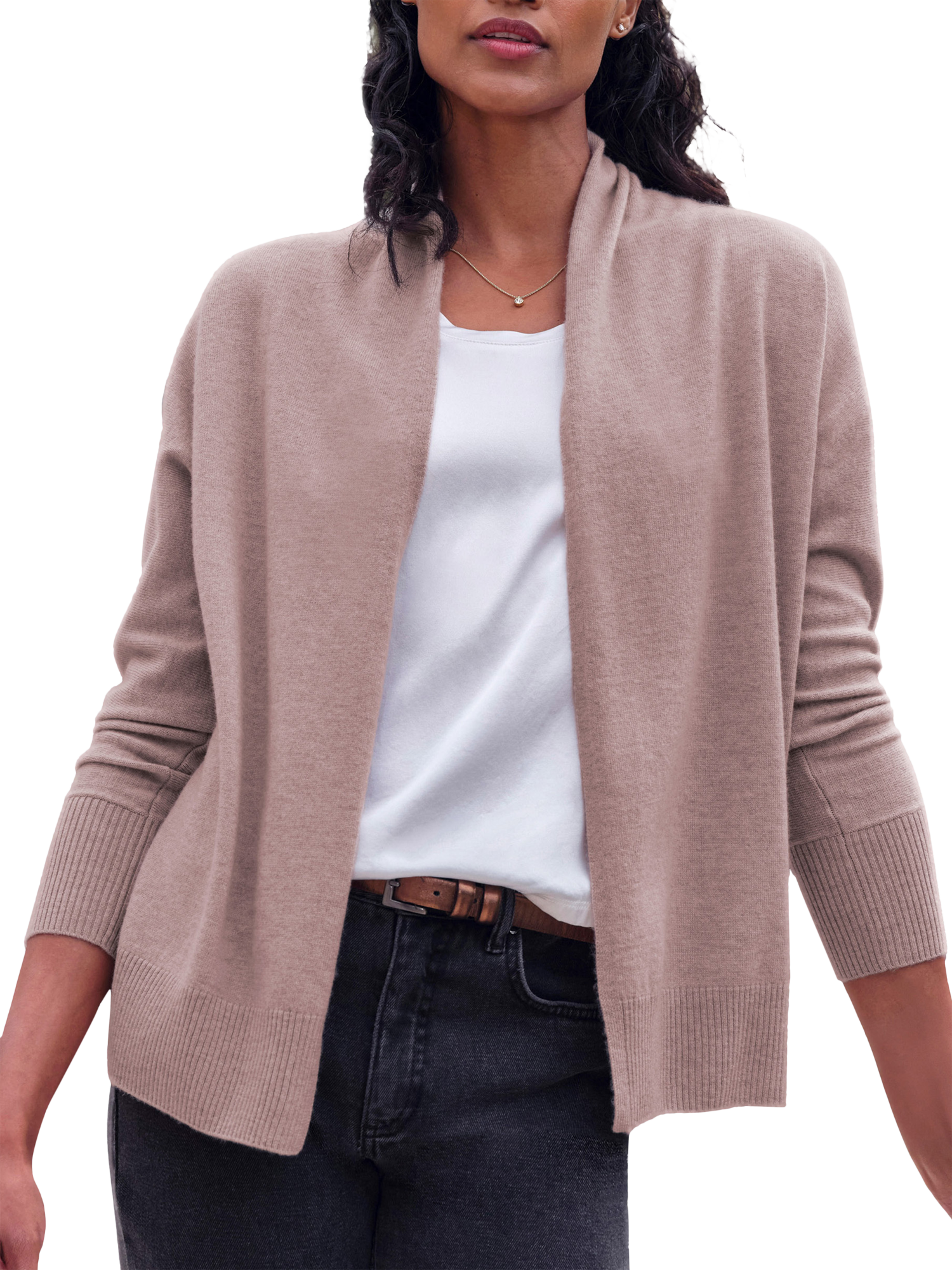 Product image 1 of 3, which shows Pure Collection Open Neck Wool Rich Cardigan, Taupe, 8