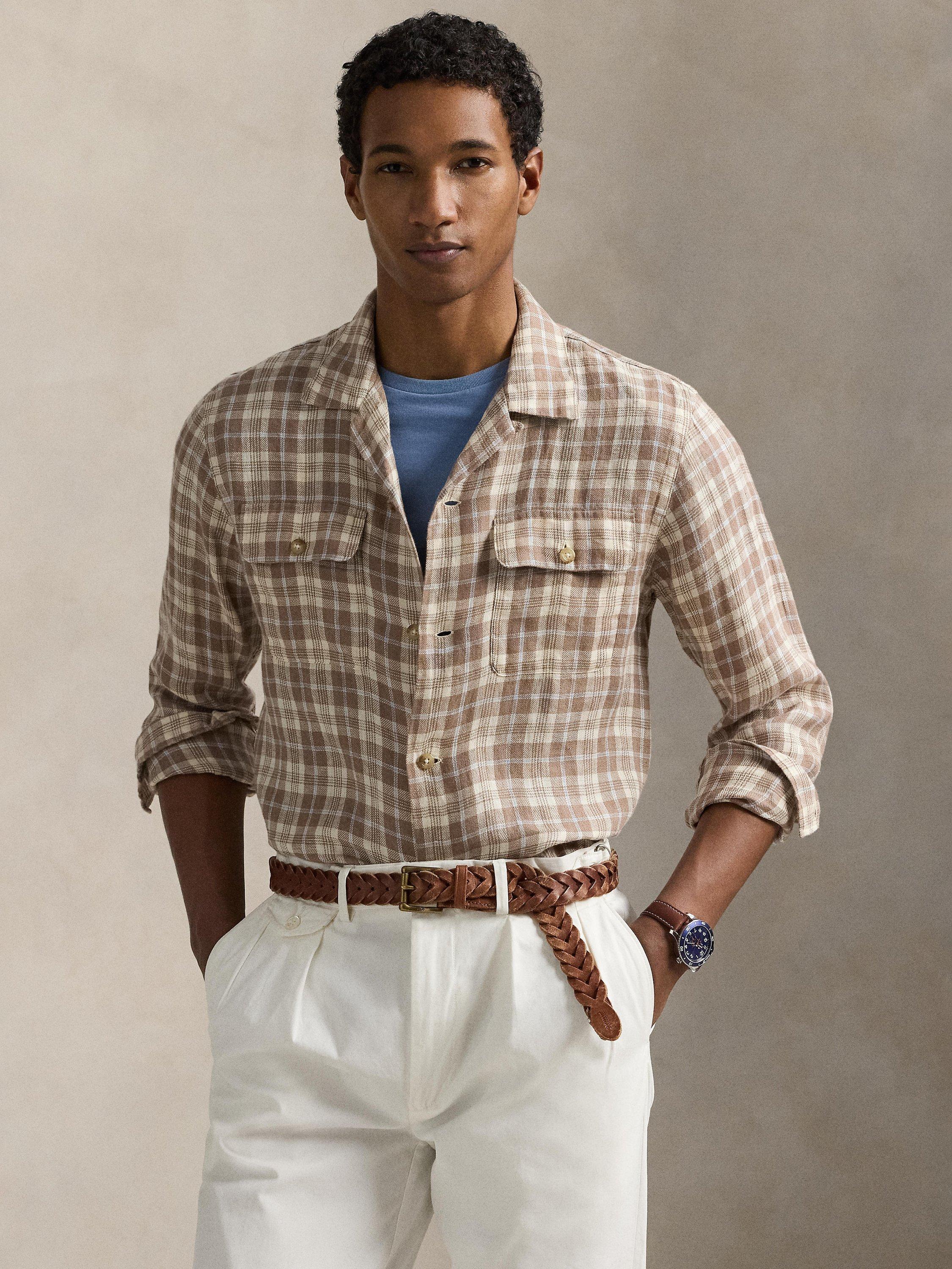 Product image 1 of 4, which shows Ralph Lauren Plaid Linen Shirt, Khaki Blue Multi, S
