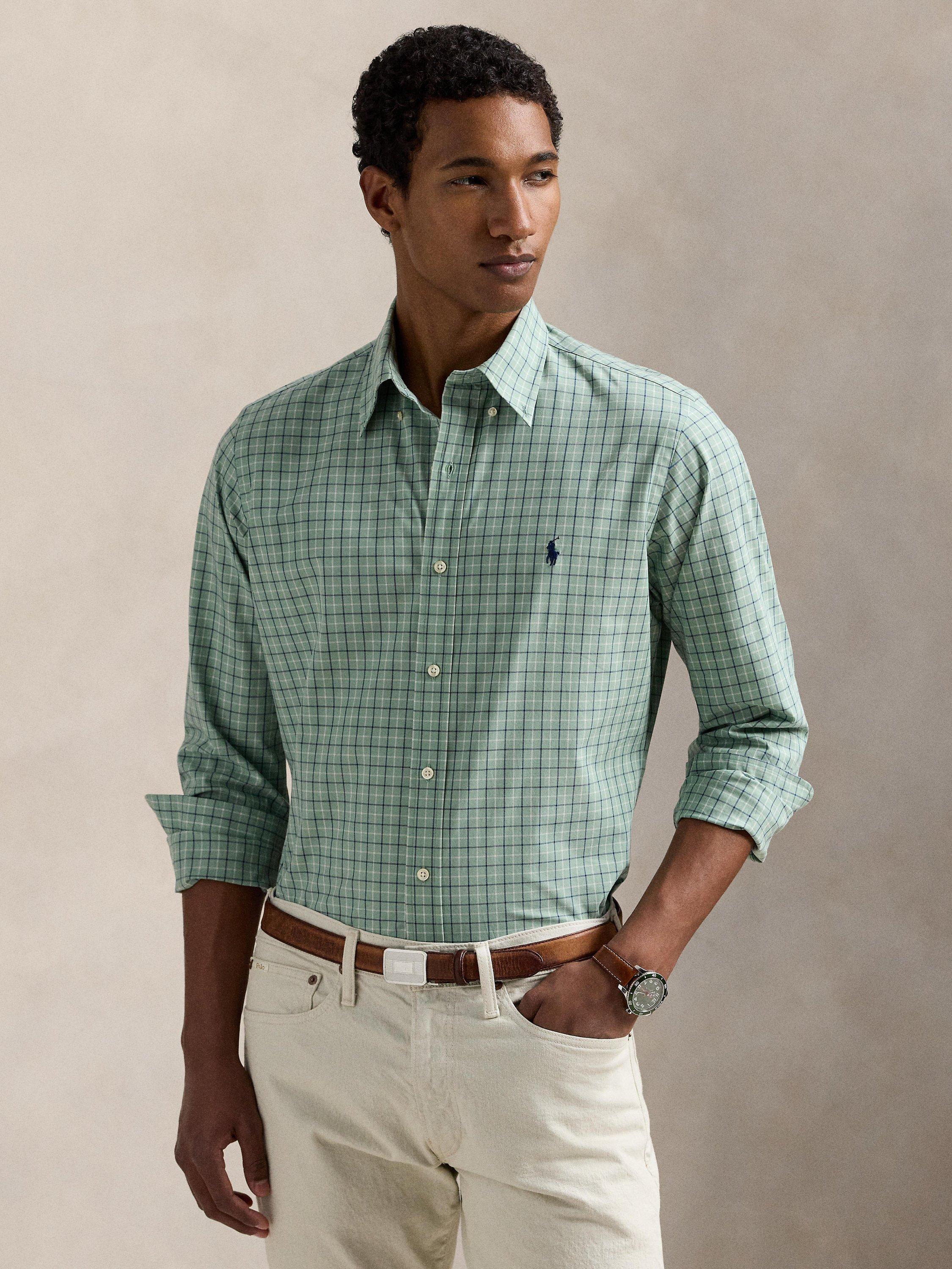 Product image 1 of 5, which shows Polo Ralph Lauren Cotton Blend Custom Fit Check Print Shirt, Lovat Blue Multi, S