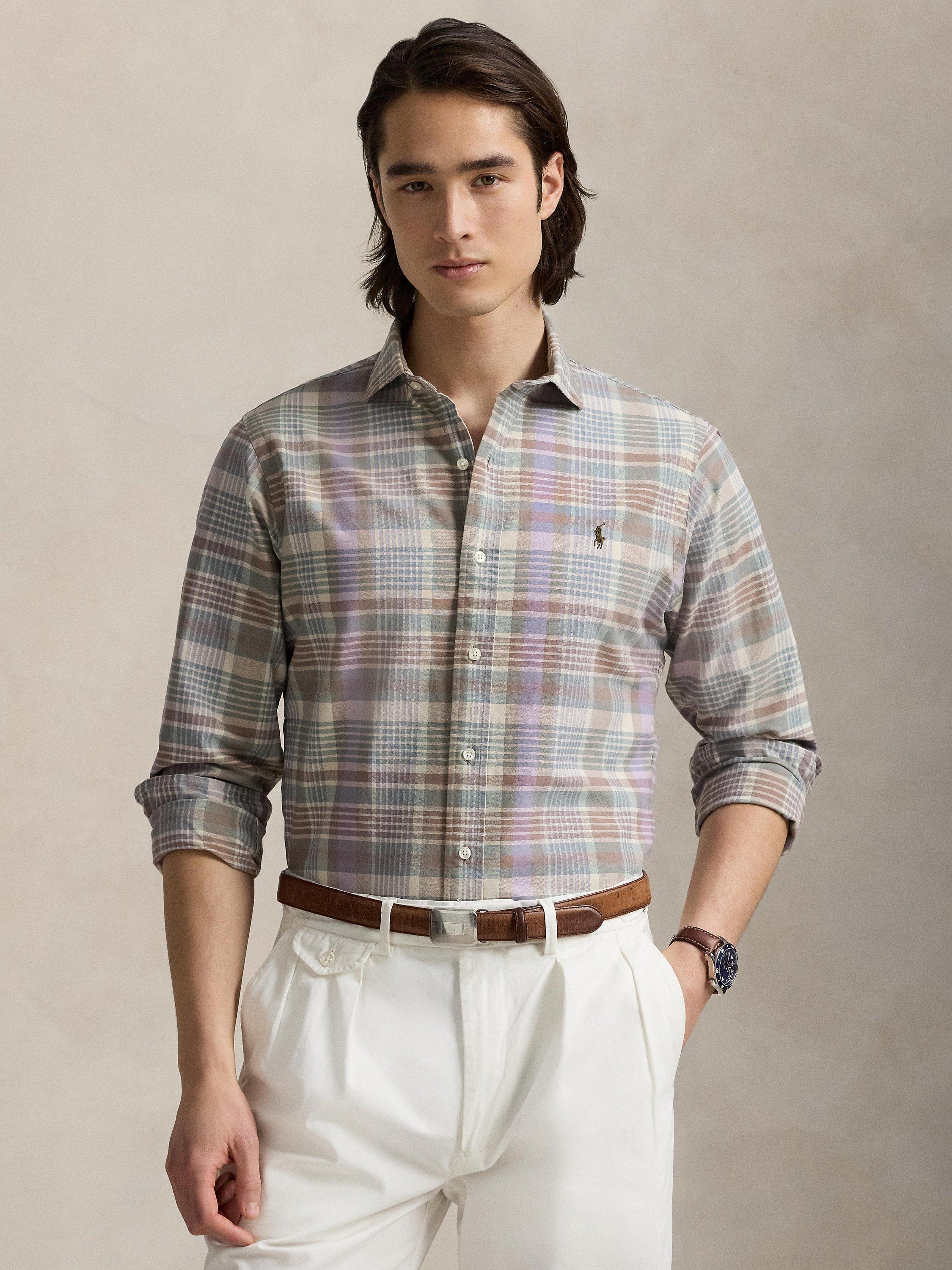 Product image 1 of 6, which shows Polo Ralph Lauren Cotton Custom Slim Fit Tartan Oxford Shirt, Khaki Green Multi, S
