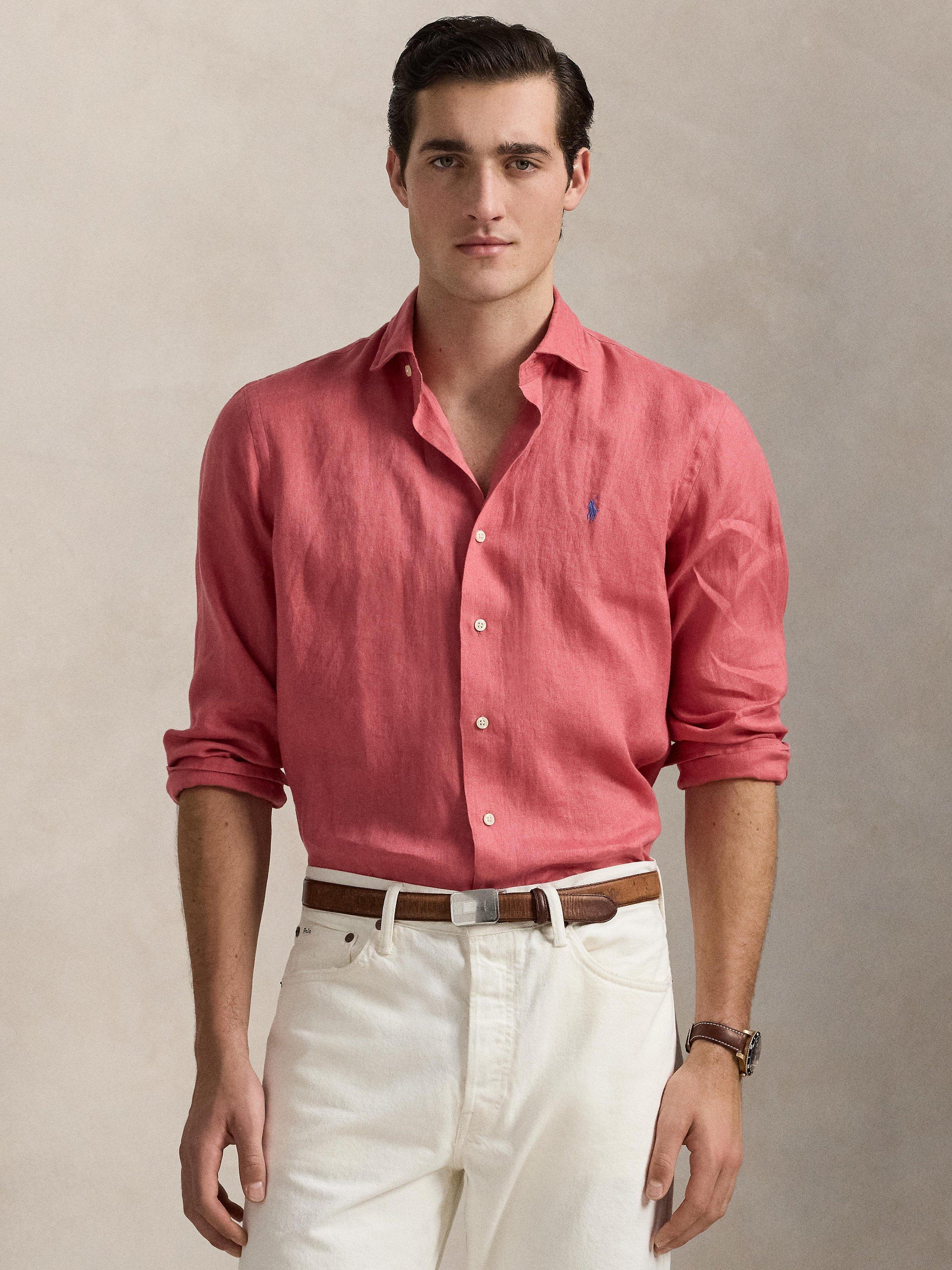 Product image 1 of 5, which shows Polo Ralph Lauren Linen Custom Slim Fit Logo Shirt, Adirondack Berry, S