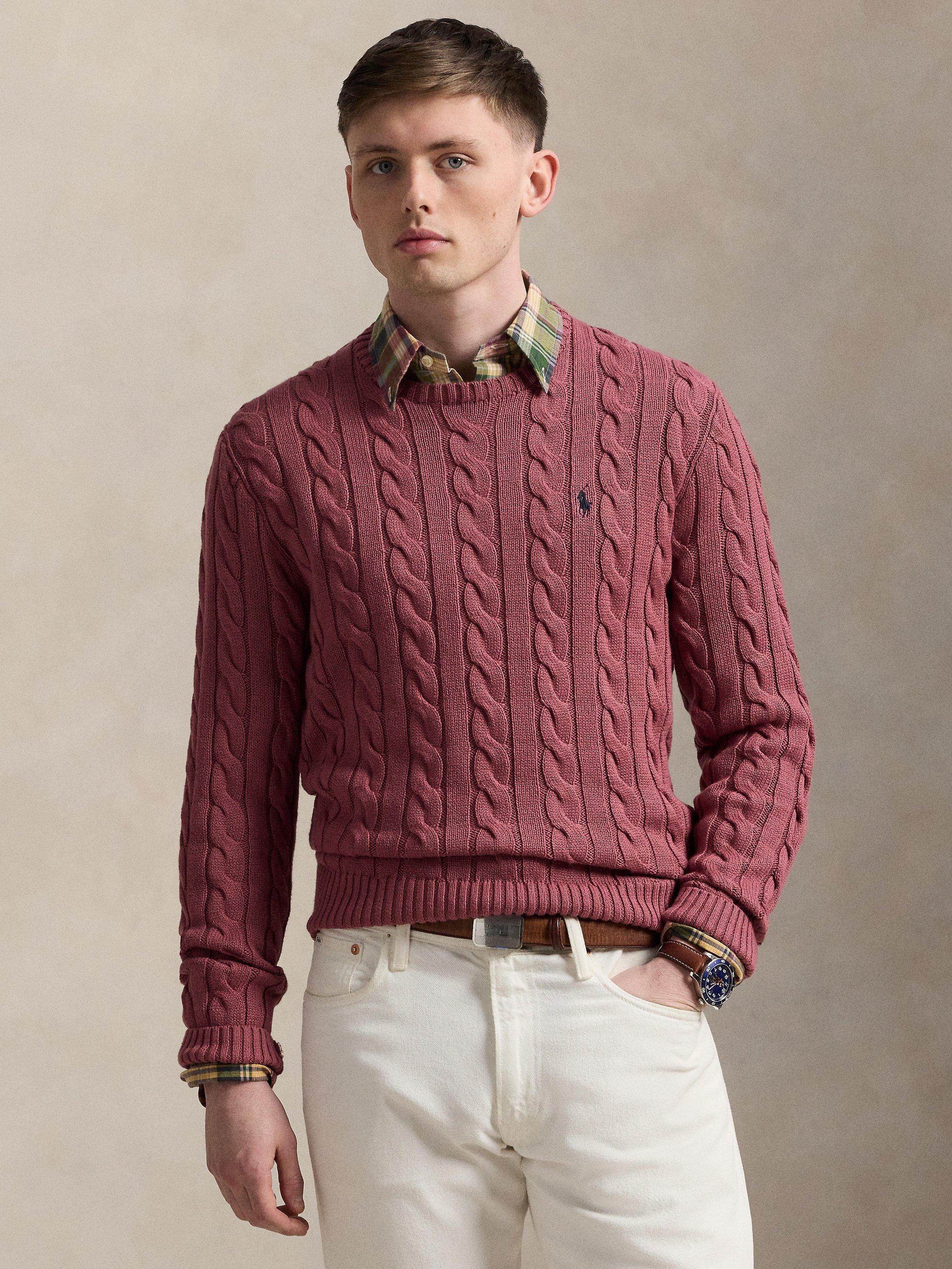 Product image 1 of 4, which shows Ralph Lauren Cable Knit Polo Pony Cotton Sweater, Prune Juice, S