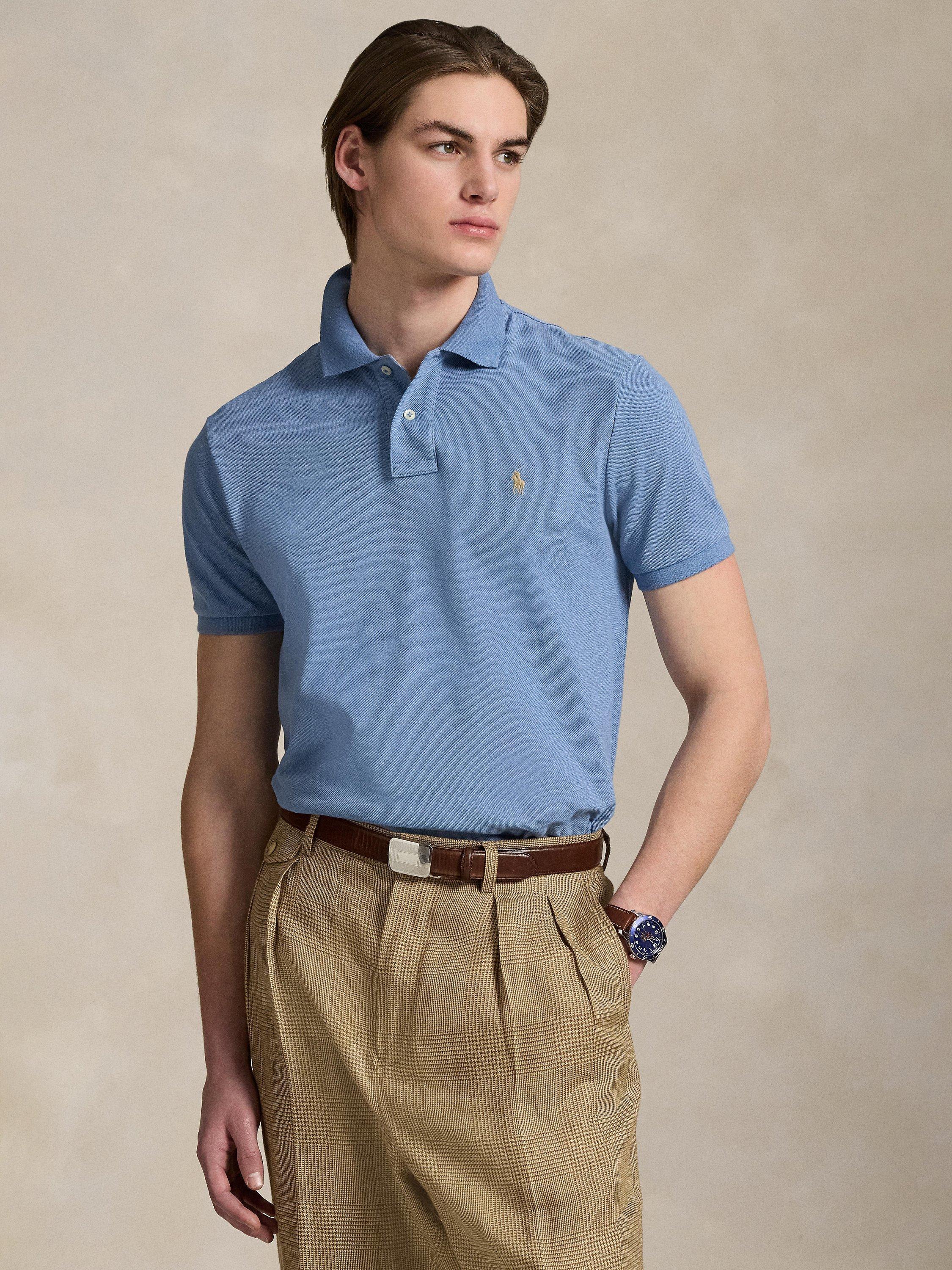 Product image 1 of 5, which shows Polo Ralph Lauren Cotton Custom Slim Fit Short Sleeve Polo Shirt, Channel Blue/C8640, S