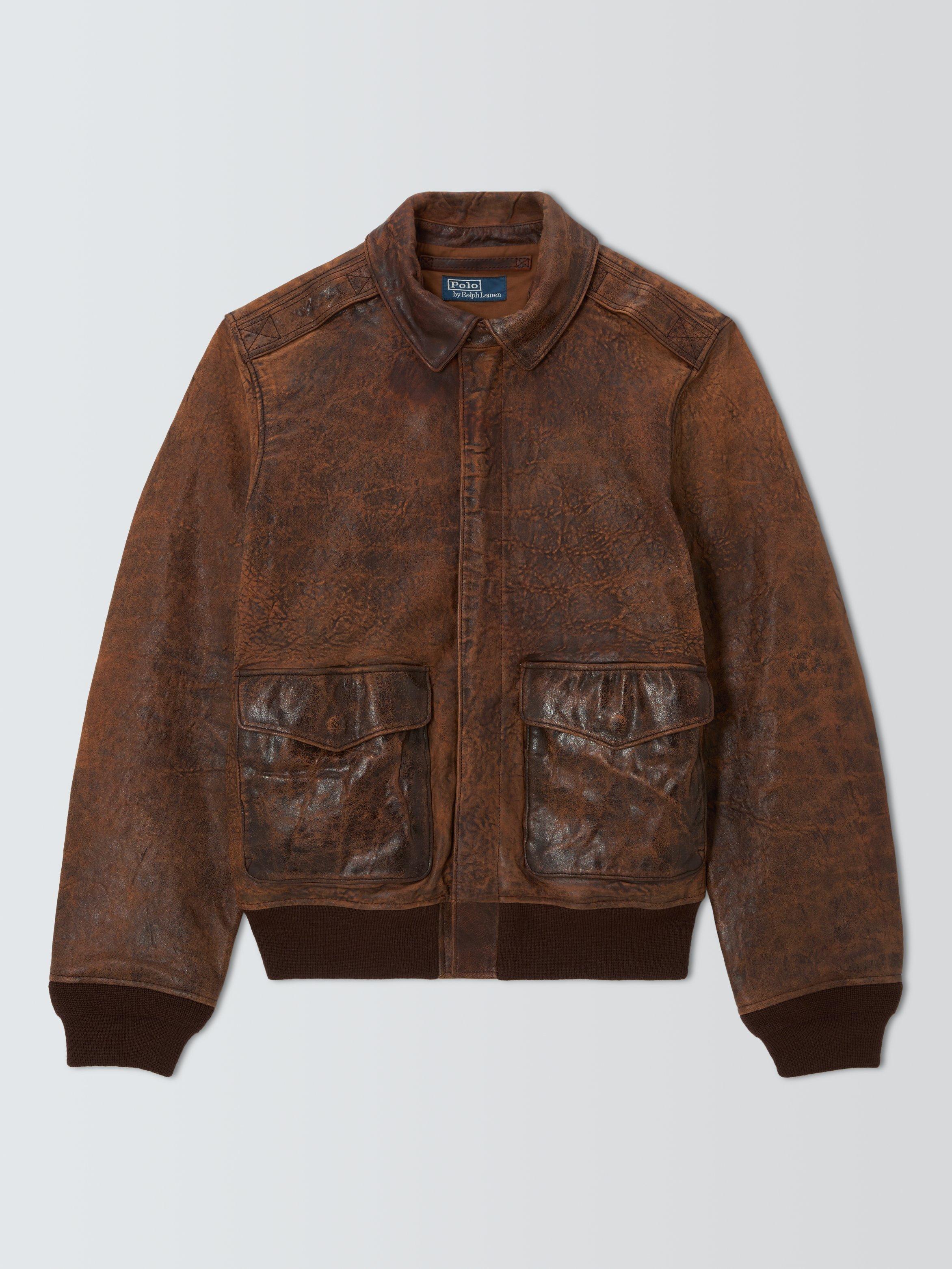 Product image 1 of 1, which shows Polo Ralph Lauren Sheepskin Leather Bomber Jacket, Hunter Brown X, S
